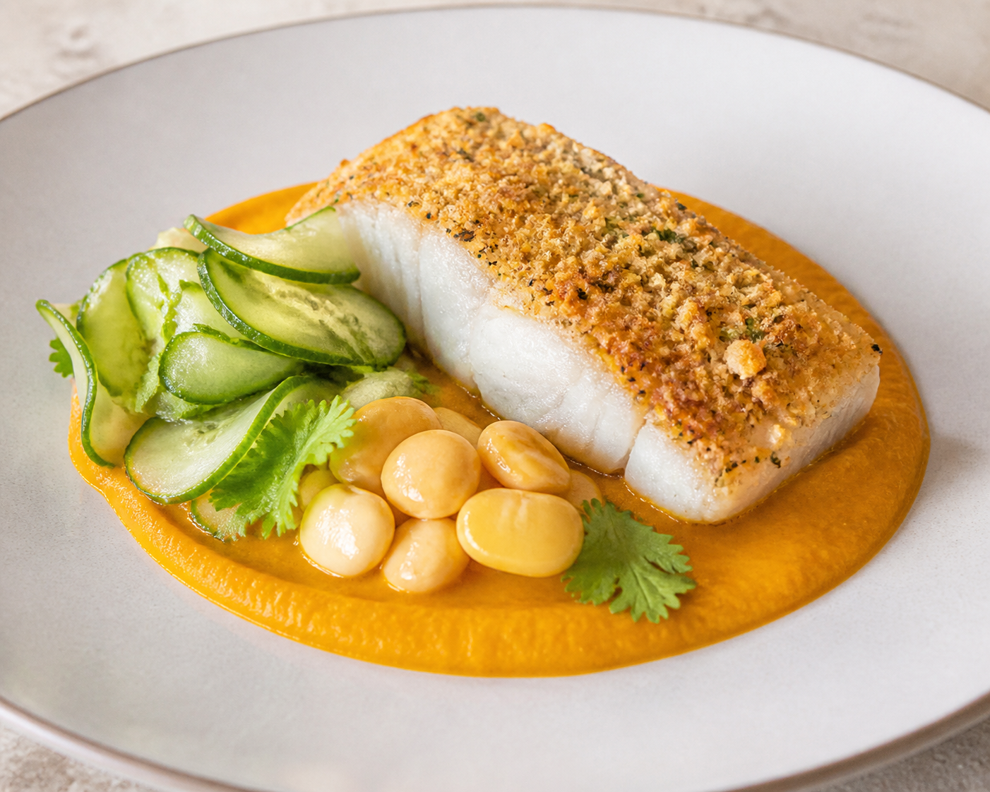 Baked Corvina with Lupin-Coconut Crust, Achiote Pumpkin Purée and Pickled Cucumber