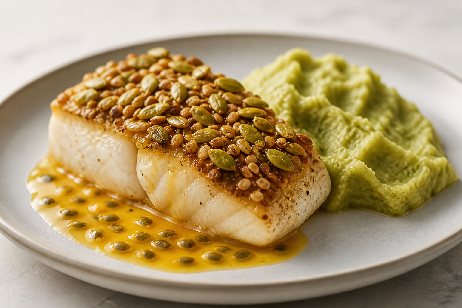 Baked Sea Bass with Toasted Pumpkin Seed Crust and Chicha-Passion Fruit Sauce, with Rustic Green Plantain Mash
