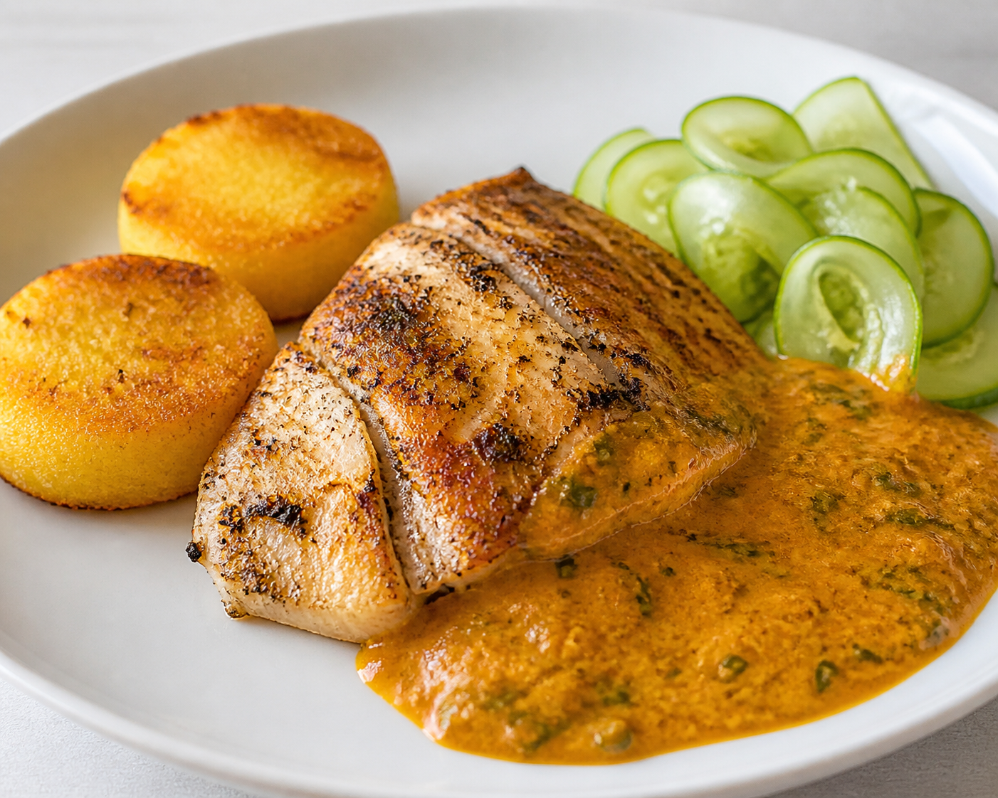 Amazonian Sea Bass in Chontaduro Herb Sauce with Yuca Cakes and Pickled Cucumber