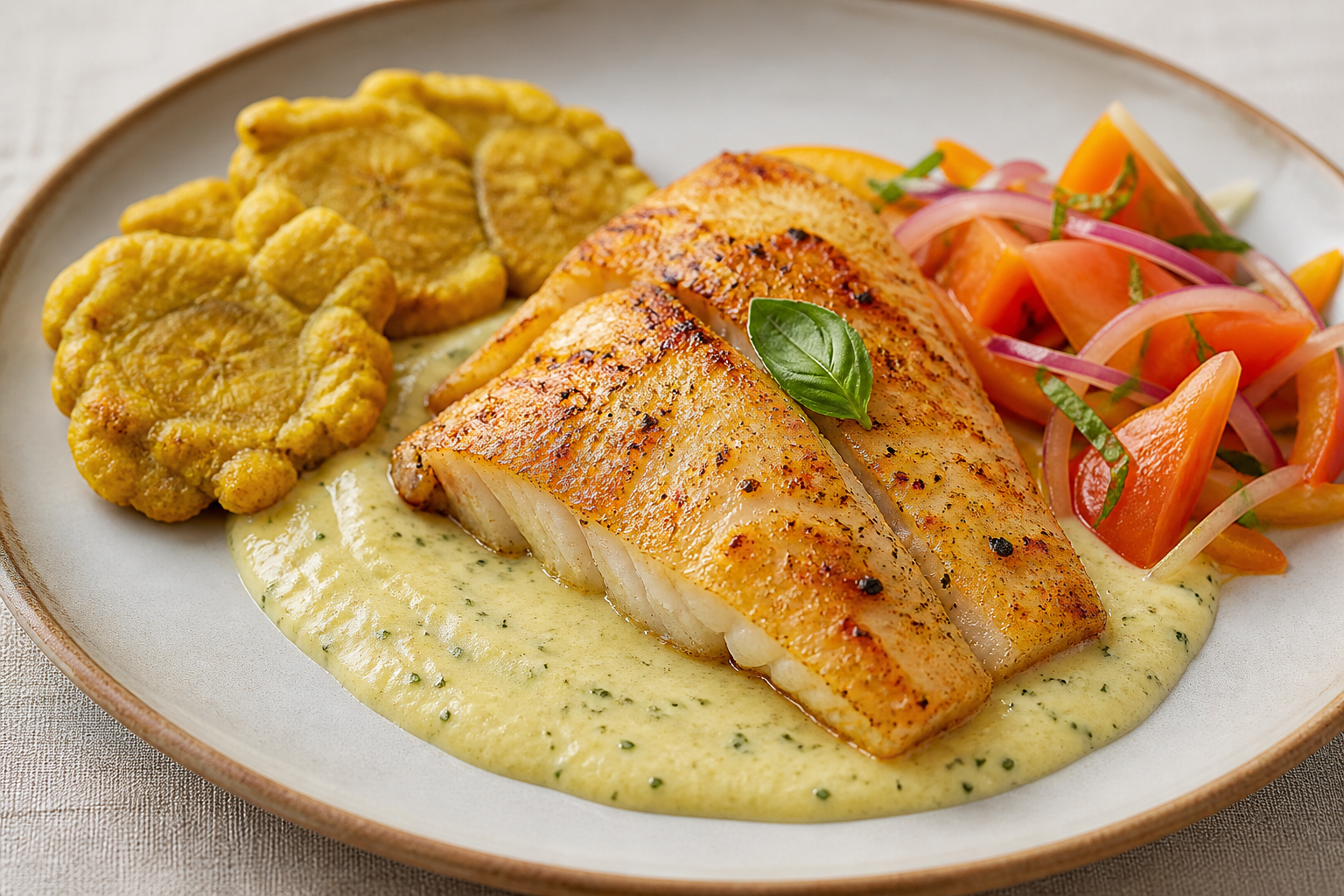 Baked corvina with warm lupin-bean basil cream, served with green plantain cakes and fresh tree tomato salad