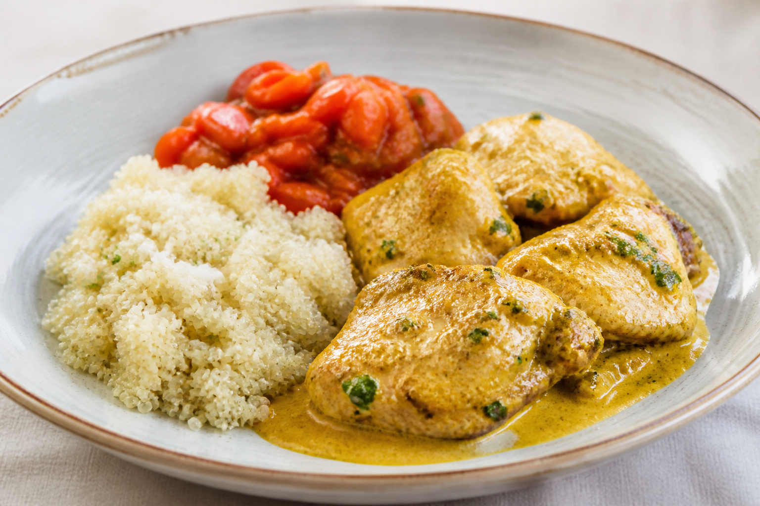 Highland-Style Chicken Encocado with Coconut Quinoa and Roasted Tree Tomato Chili