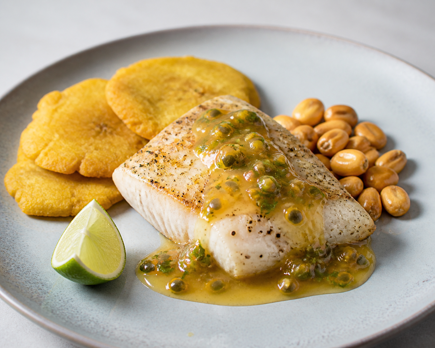 Corvina al ají de maracuyá y albahaca con tortitas de verde y chochos crujientes
