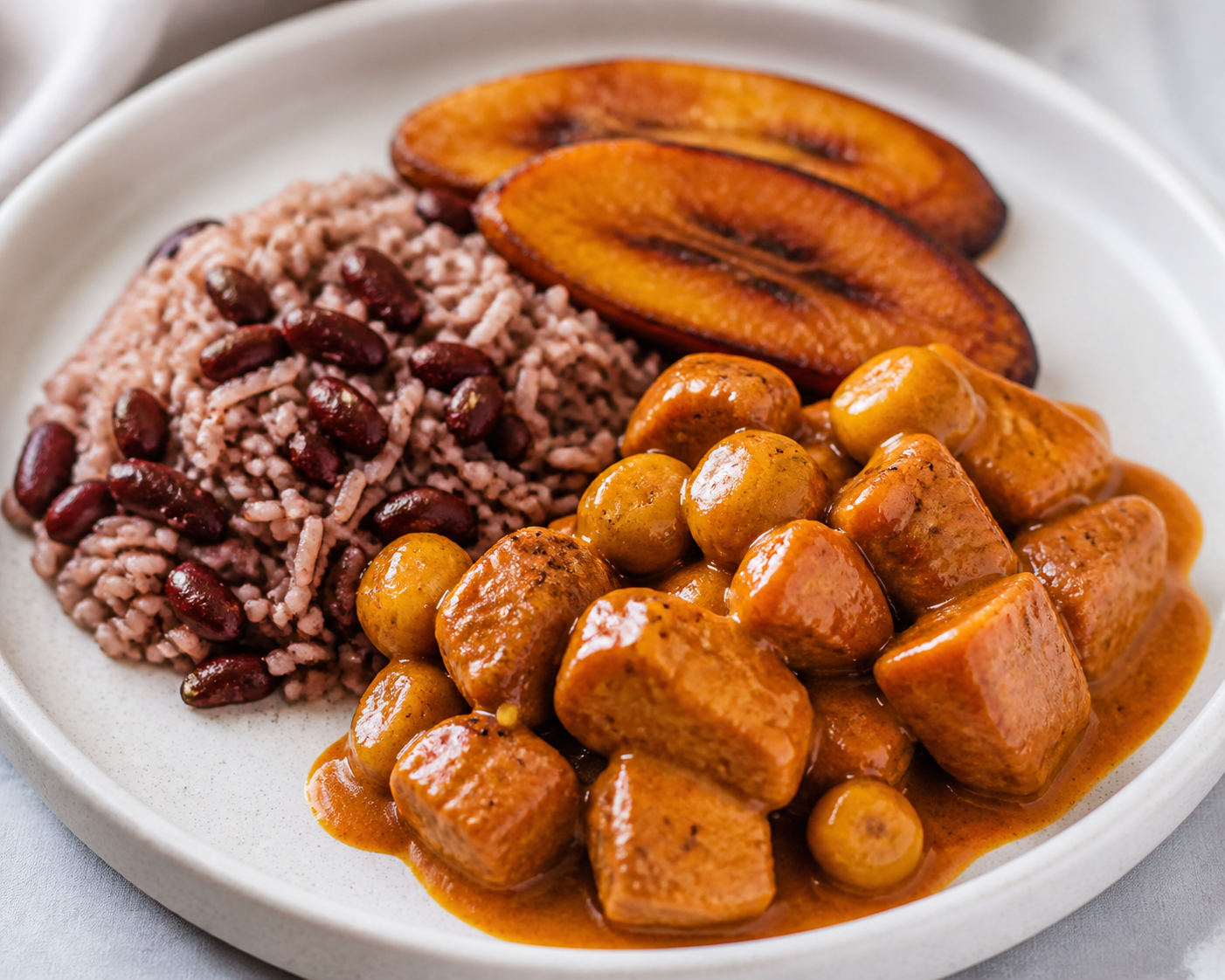 Honduran Pork in Nance and Annatto Sauce with Red Bean Rice and Seared Ripe Plantain