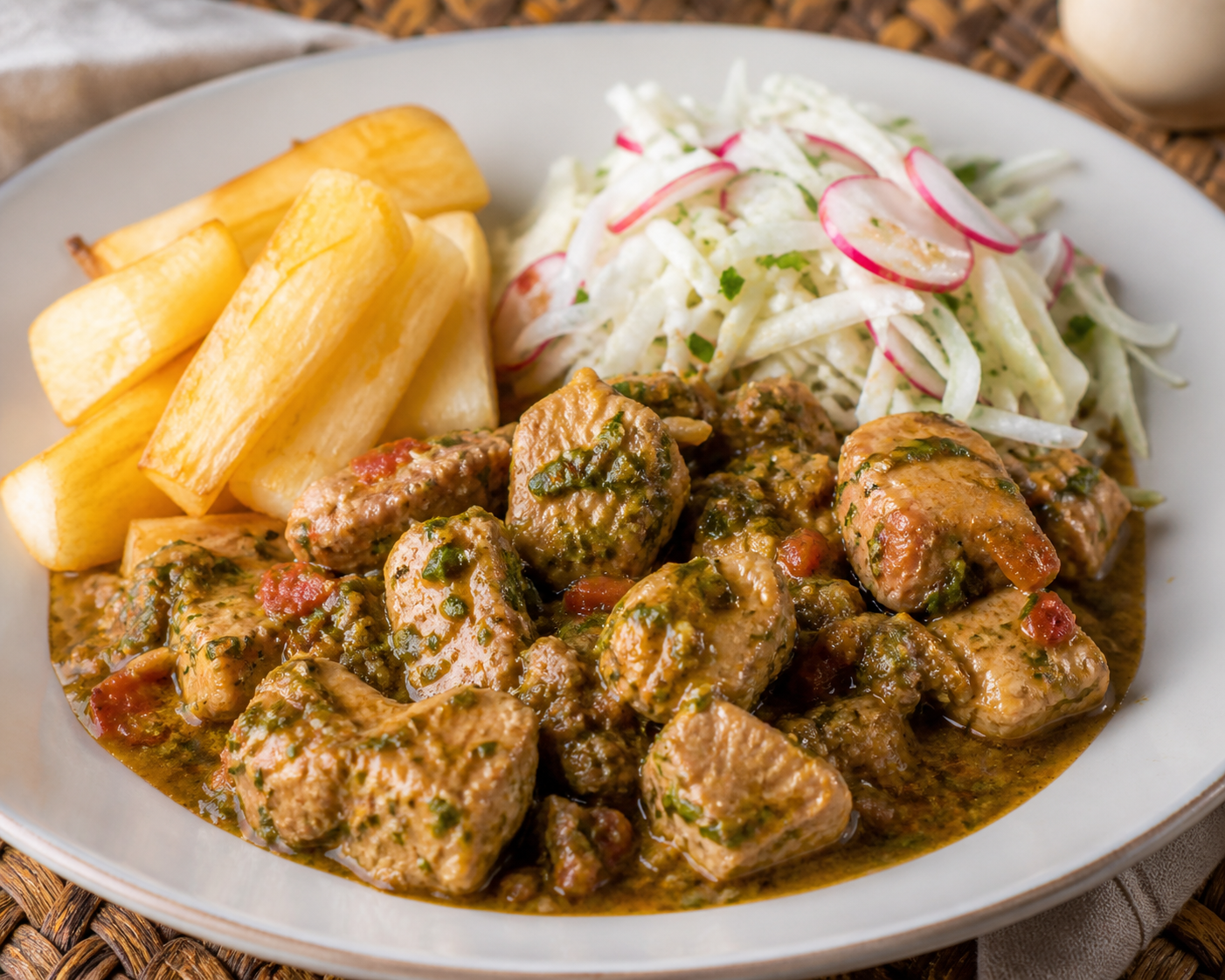 Honduran Pork in Tree Tomato and Cilantro Recado with Roasted Yuca and Cabbage Radish Salad