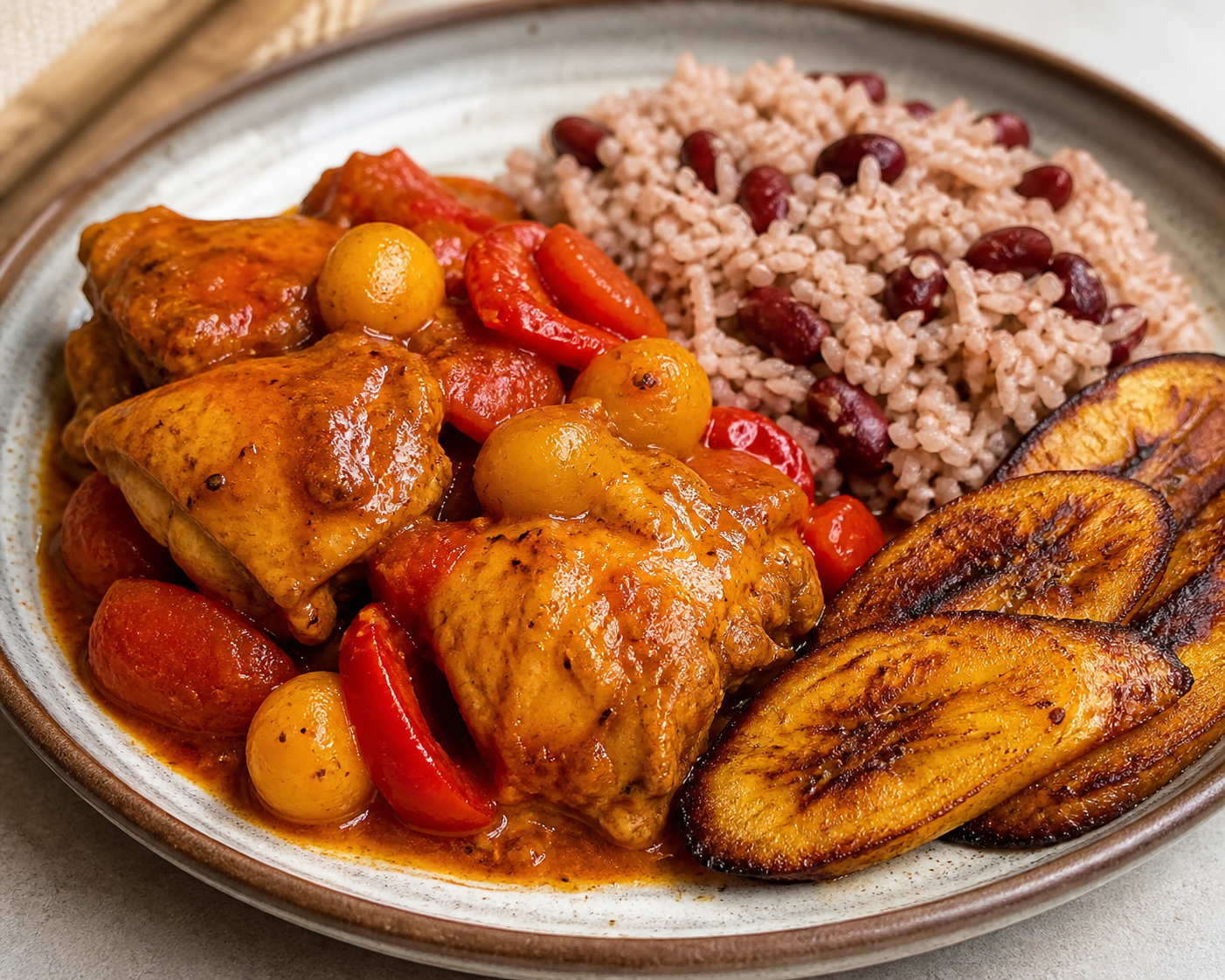Honduran Chicken in Nance and Annatto Sauce with Red Bean Rice and Griddled Ripe Plantain