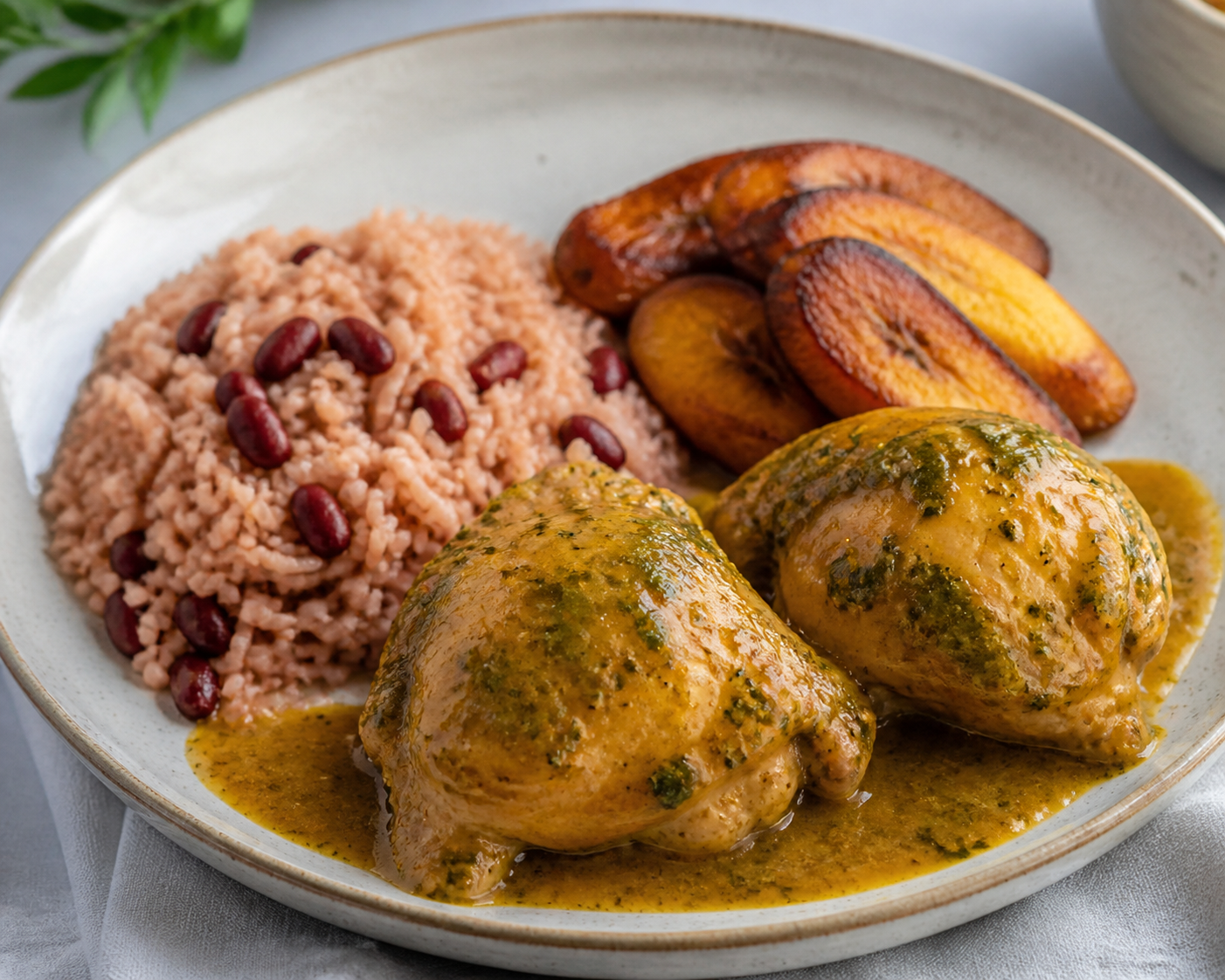 Pollo Catracho en Salsa de Nance y Culantro con Arroz de Frijol Rojo y Plátano Maduro Asado