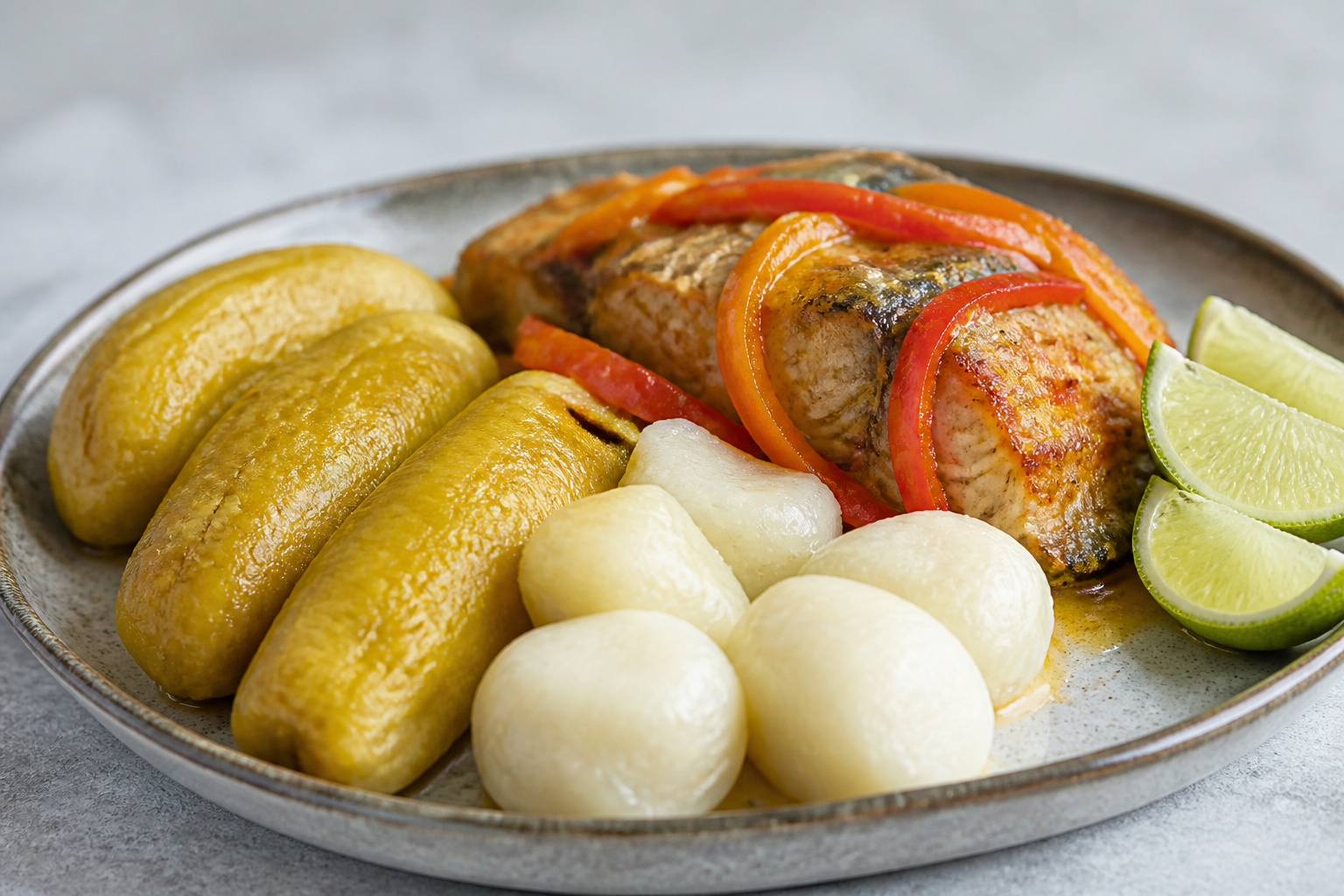 Bollitos de plátano verde y maíz con pescado guisado al coco, ají dulce y lima