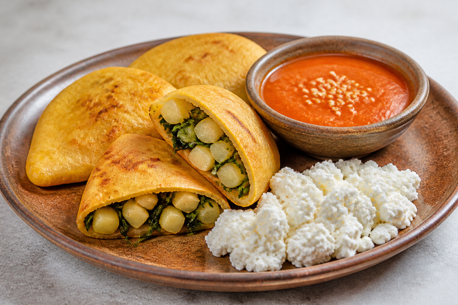 Salvadoran potato and chipilín turnovers with fresh curd cheese and roasted tomato sesame sauce