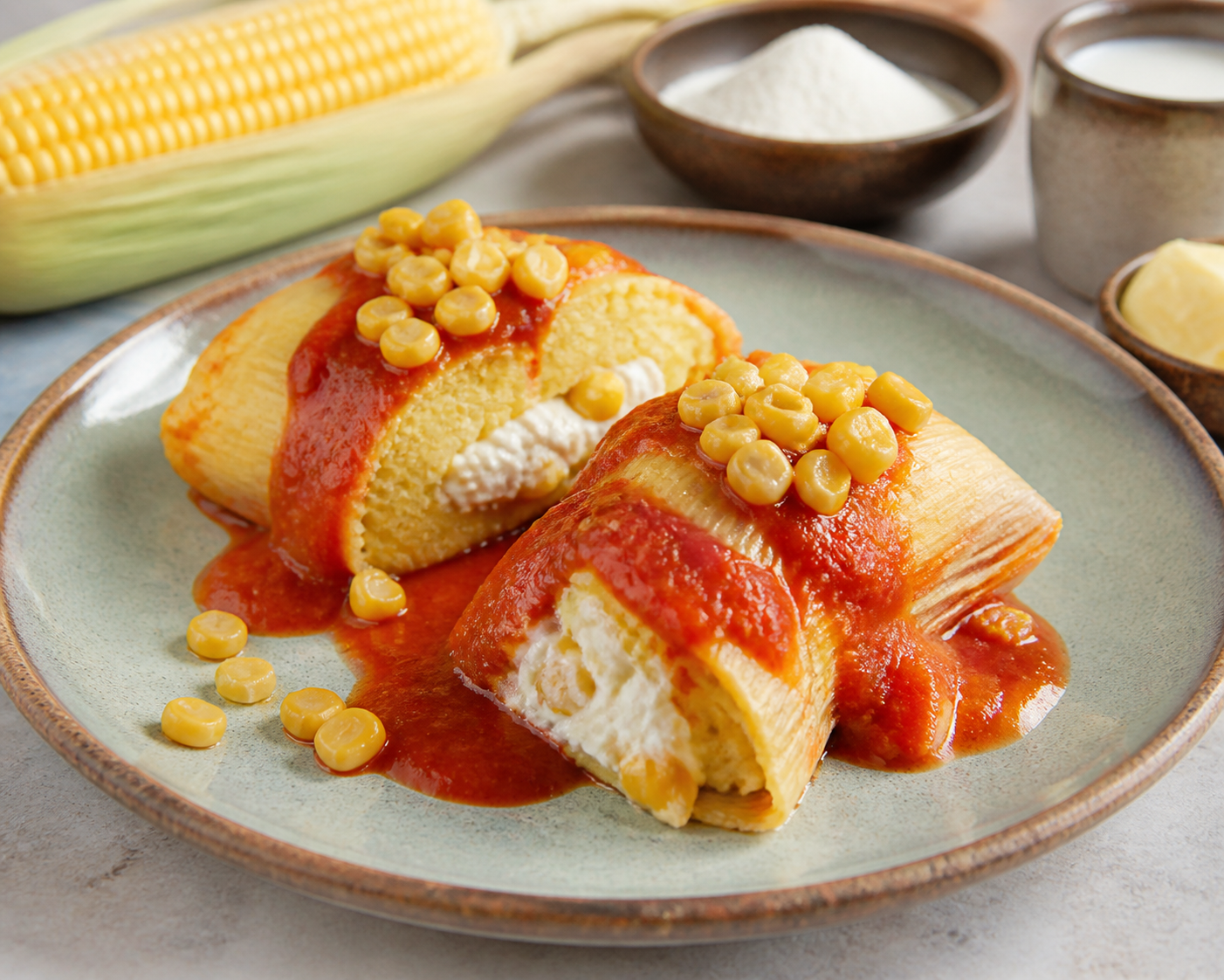 Tamalitos salvadoreños de maíz tierno y albahaca con relleno de requesón, elote salteado y salsa de tomate asado