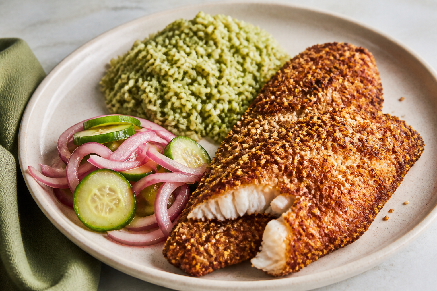 Mojarra Colombiana en Costra de Coco y Ajonjolí con Arroz Cremoso de Coco Verde y Ensalada Tibia de Pepino y Cebolla Encurtida