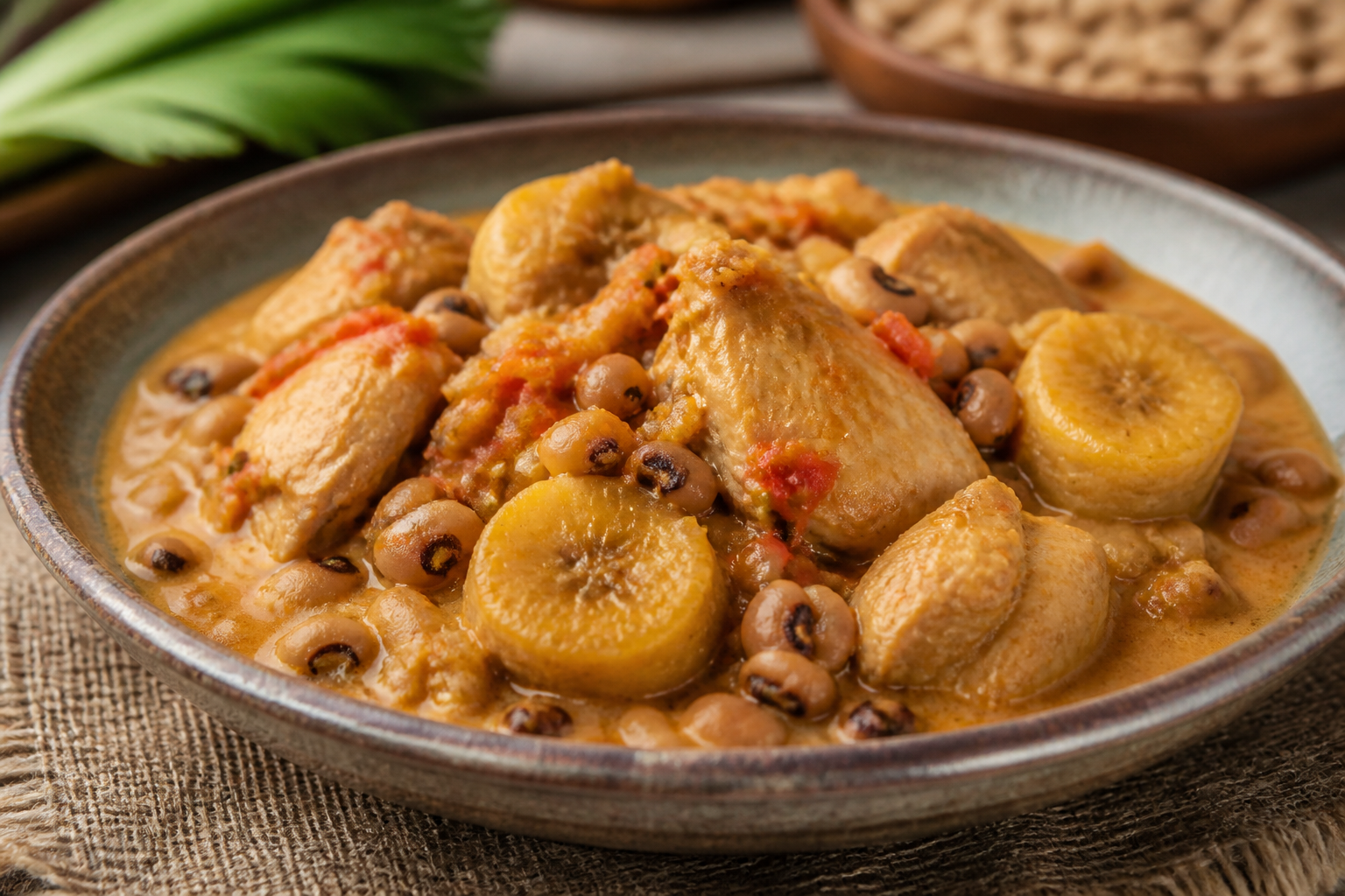 Cazuela Colombiana de Pollo, Fríjol Cabecita Negra y Plátano Maduro con Hogao de Coco y Cimarrón