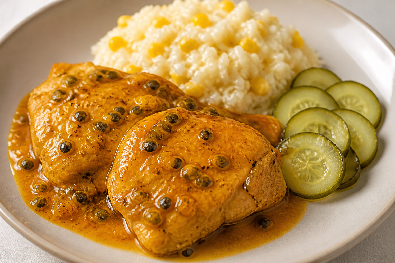 Colombian Chicken in Passion Fruit and Annatto Sauce with Creamy Sweet Corn Rice and Pickled Cucumber