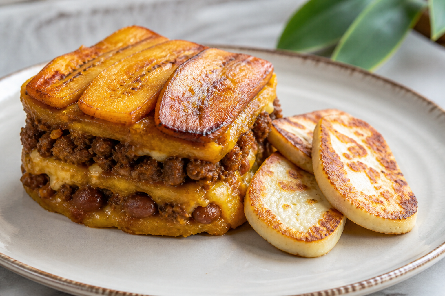 Dominican Sweet Plantain Pastelón with Cocoa-Braised Beef, Pinto Beans, and Fried Cheese