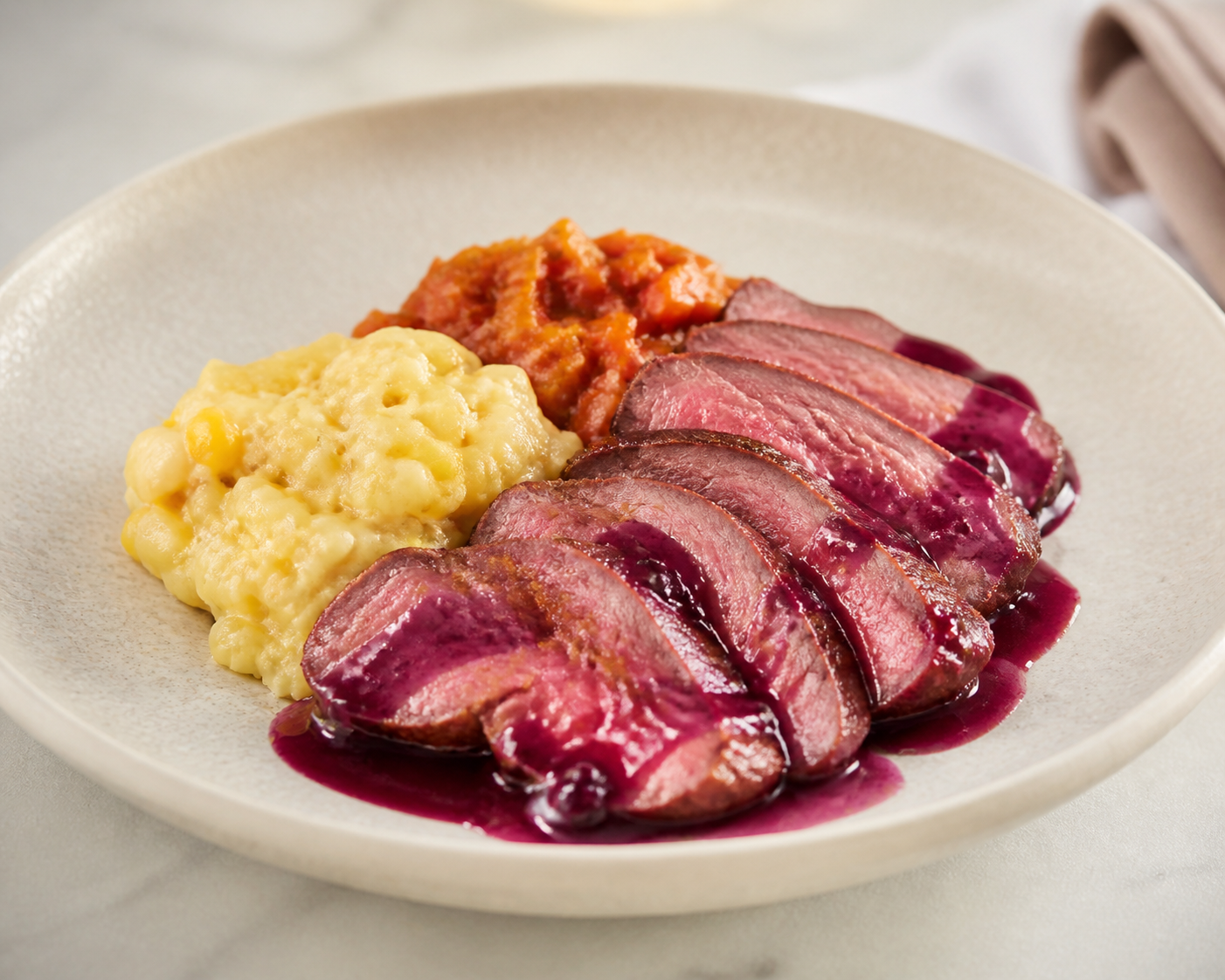 Beef Eye Round in Purple Passionfruit Sauce and Smoky Hogao with Creamy Creole Potato Mote