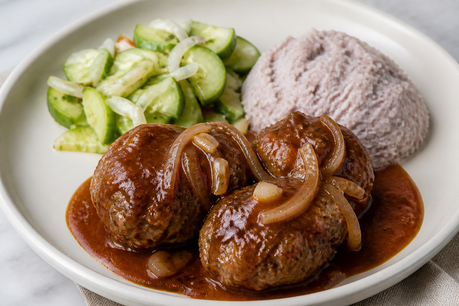 Dominican Beef Meatballs in Tamarind Sauce with Taro Mash and Cucumber Salad