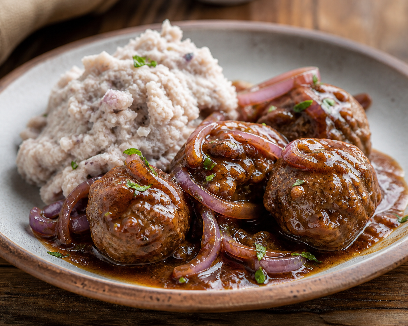 Albóndigas Dominicanas de Res en Salsa de Tamarindo con Puré Rústico de Yautía y Cebolla Morada Salteada