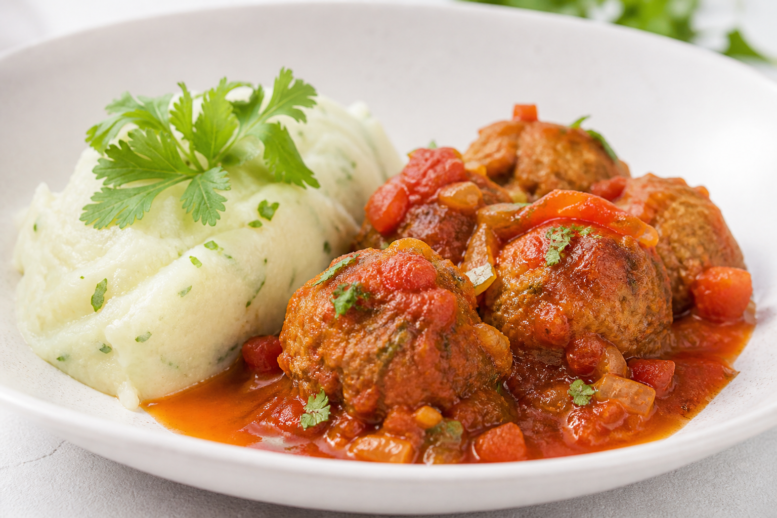 Albóndigas Dominicanas de Res y Auyama en Salsa de Tomate Criollo con Majado de Yuca al Cilantro