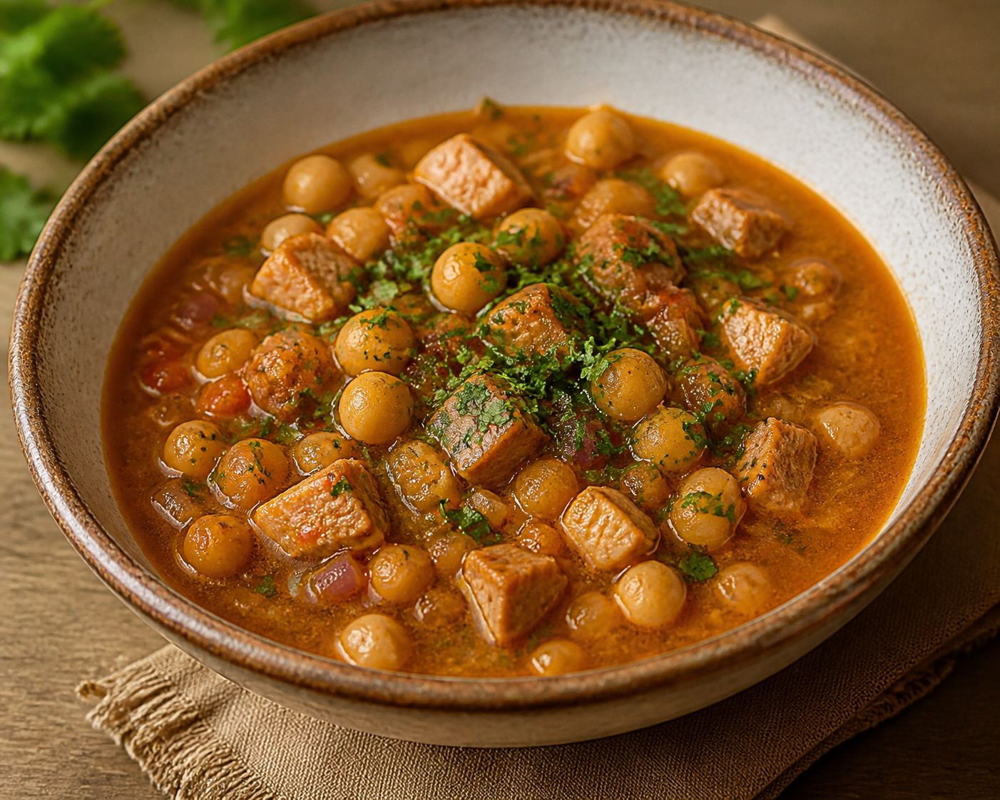 Picante de Garbanzos con Pavo Ahumado, Rocoto Asado y Hierbas Criollas