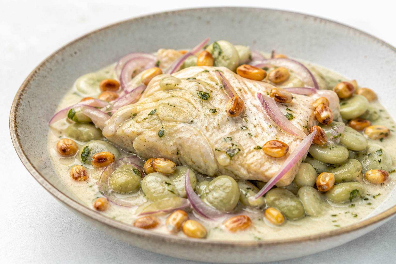 Sudado Cremoso de Corvina con Pallares al Huacatay y Choclo Asado