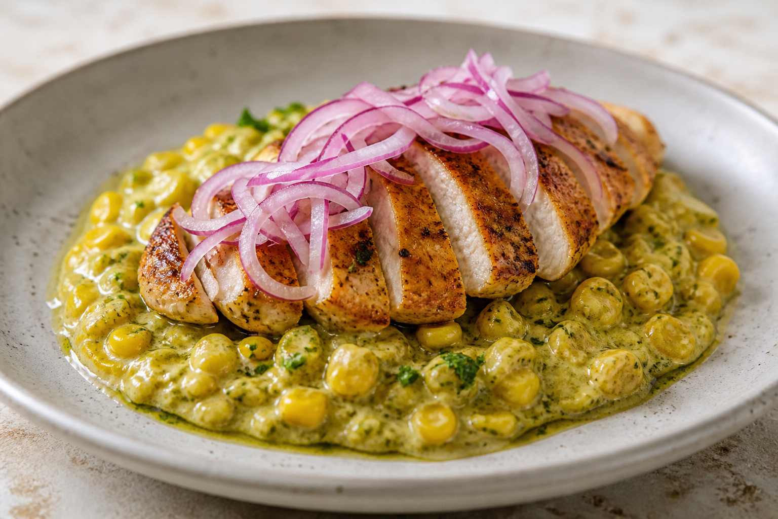 Creamy Corn and Huacatay Pepián with Seared Turkey and Red Onion Pickles
