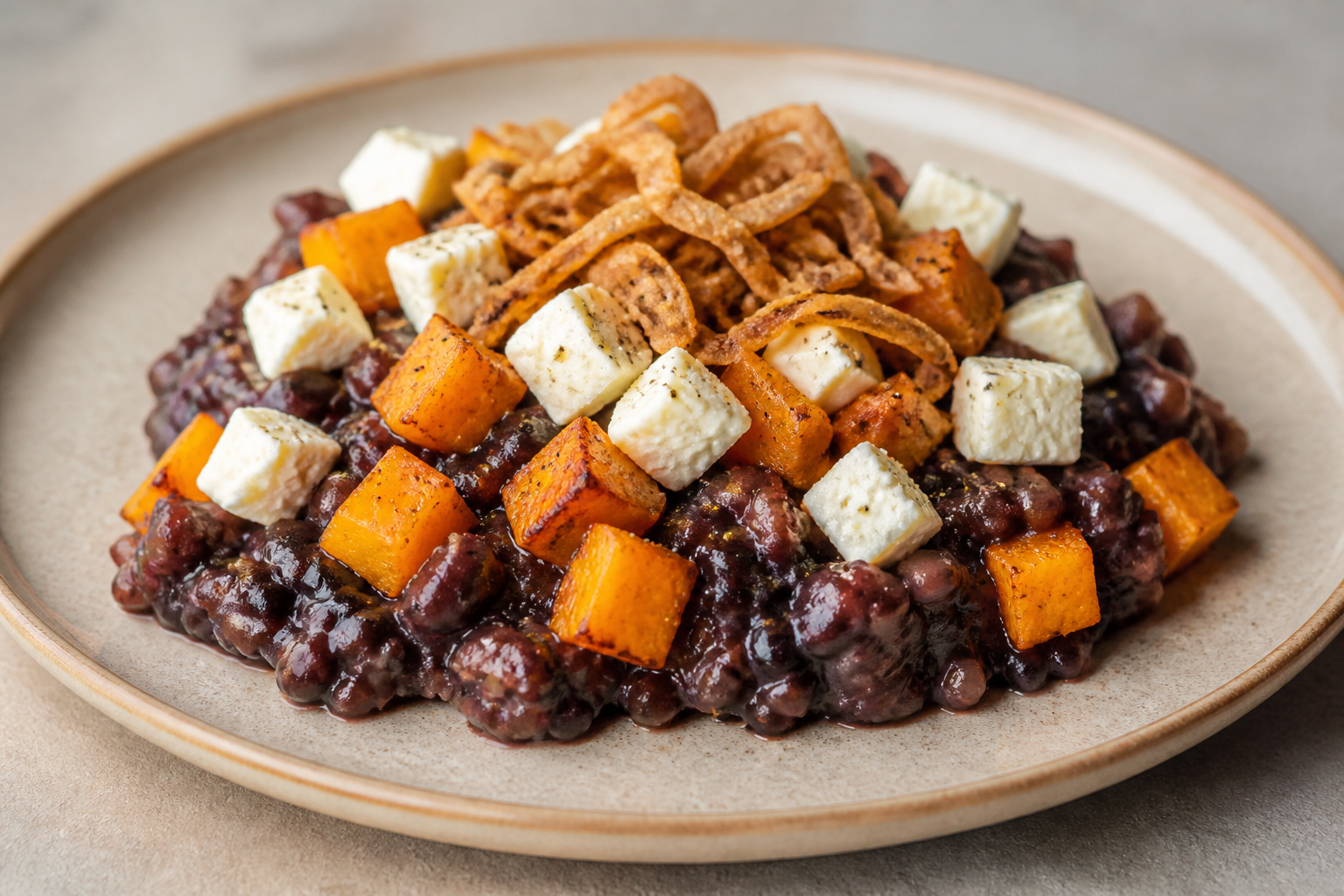 Brazilian Creamy Black Bean Rice with Roasted Squash, Minas Cheese and Crispy Onions
