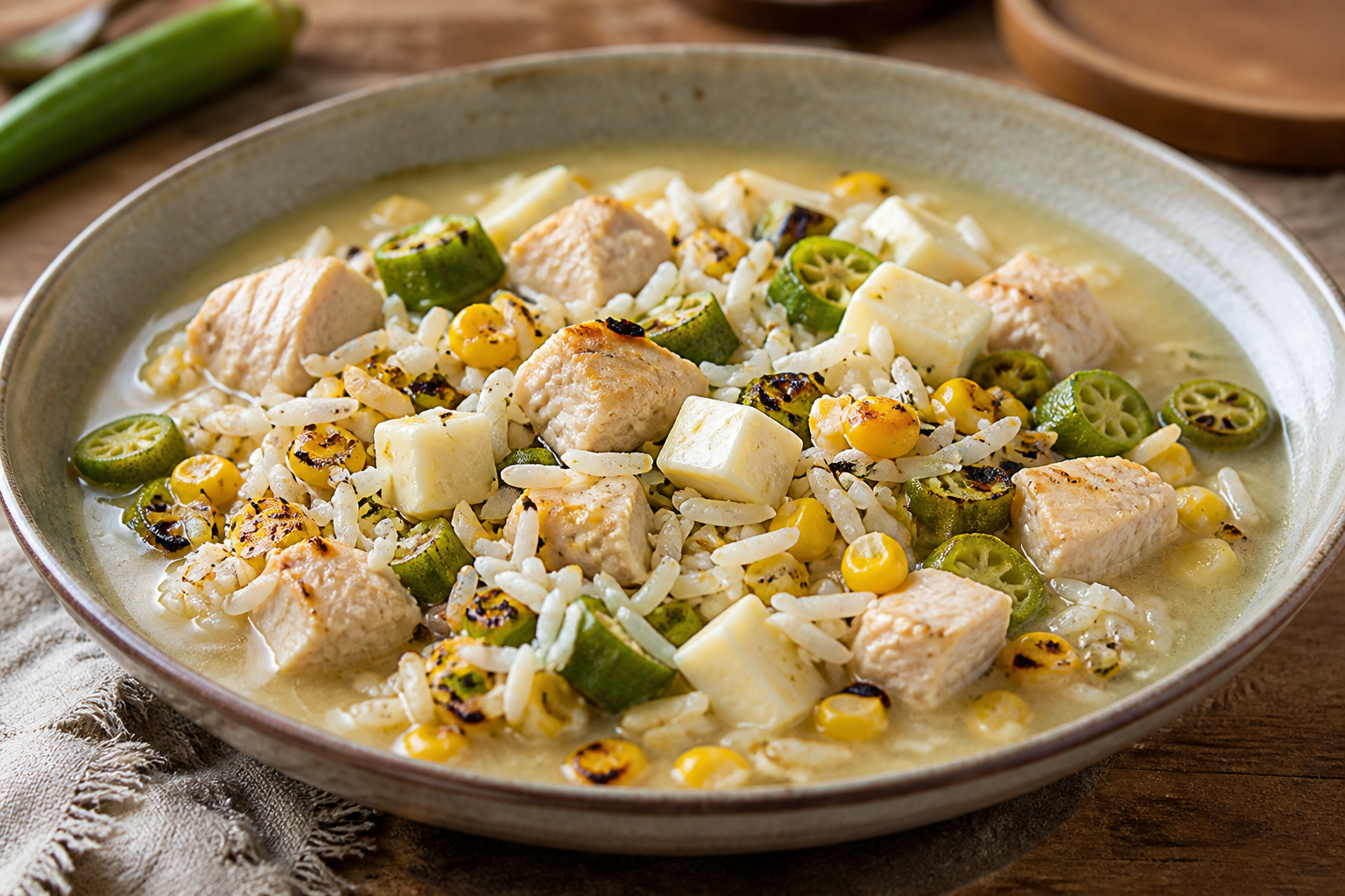 Arroz Caldoso Brasileño de Pavo con Maíz Tostado, Okra y Queso Minas
