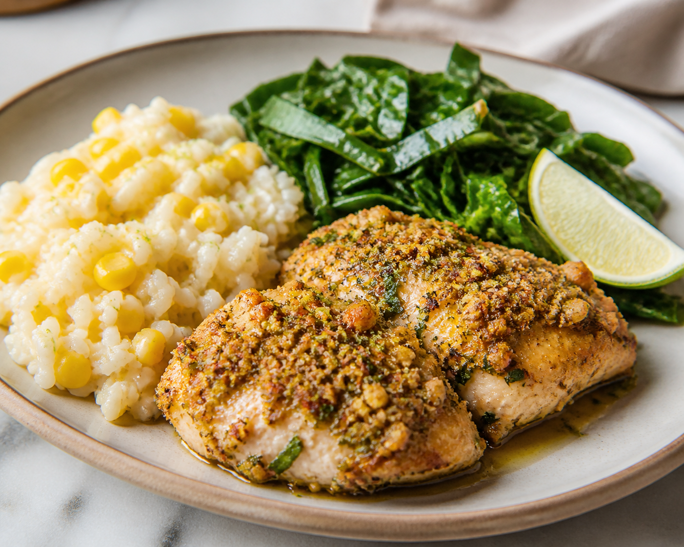 Brazilian Baked Chicken with Cashew Herb Crust, Creamy Corn Rice and Warm Lime Collard Greens