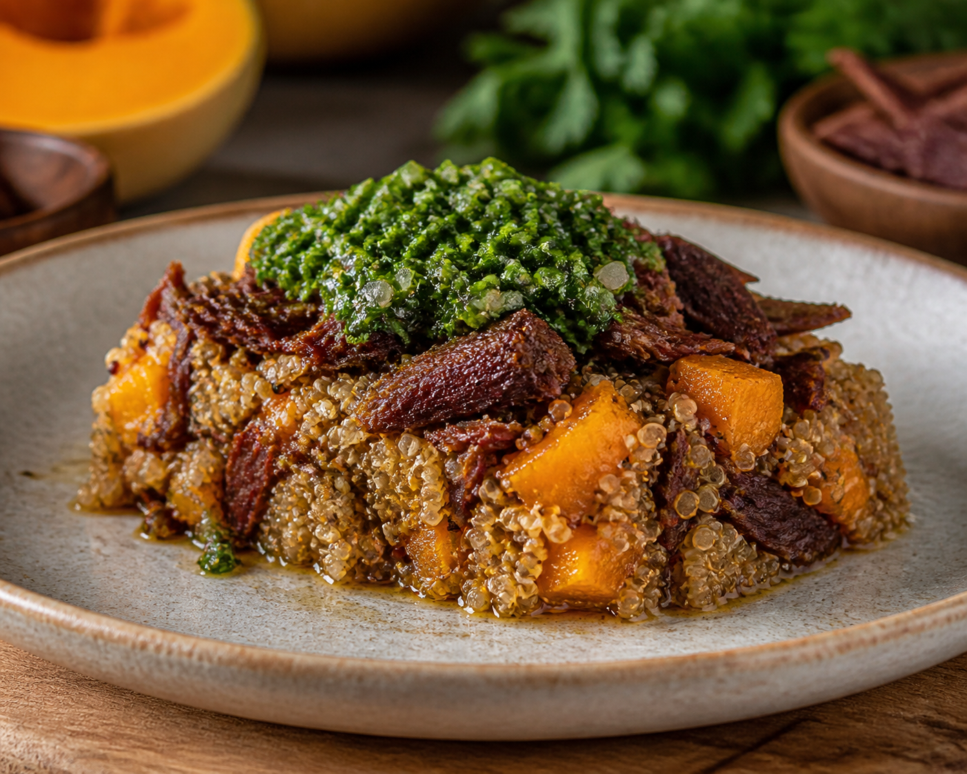 Toasted Quinoa Bake with Beef Charqui, Sweet Squash and Warm Cilantro Pebre