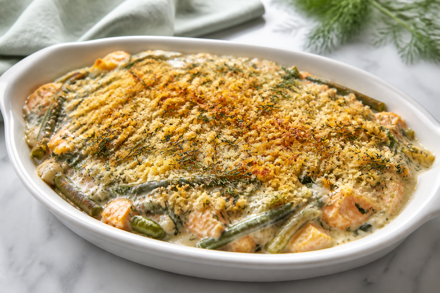 Pastel gratinado de porotos verdes, mote y salmón ahumado con crema de eneldo y chuchoca