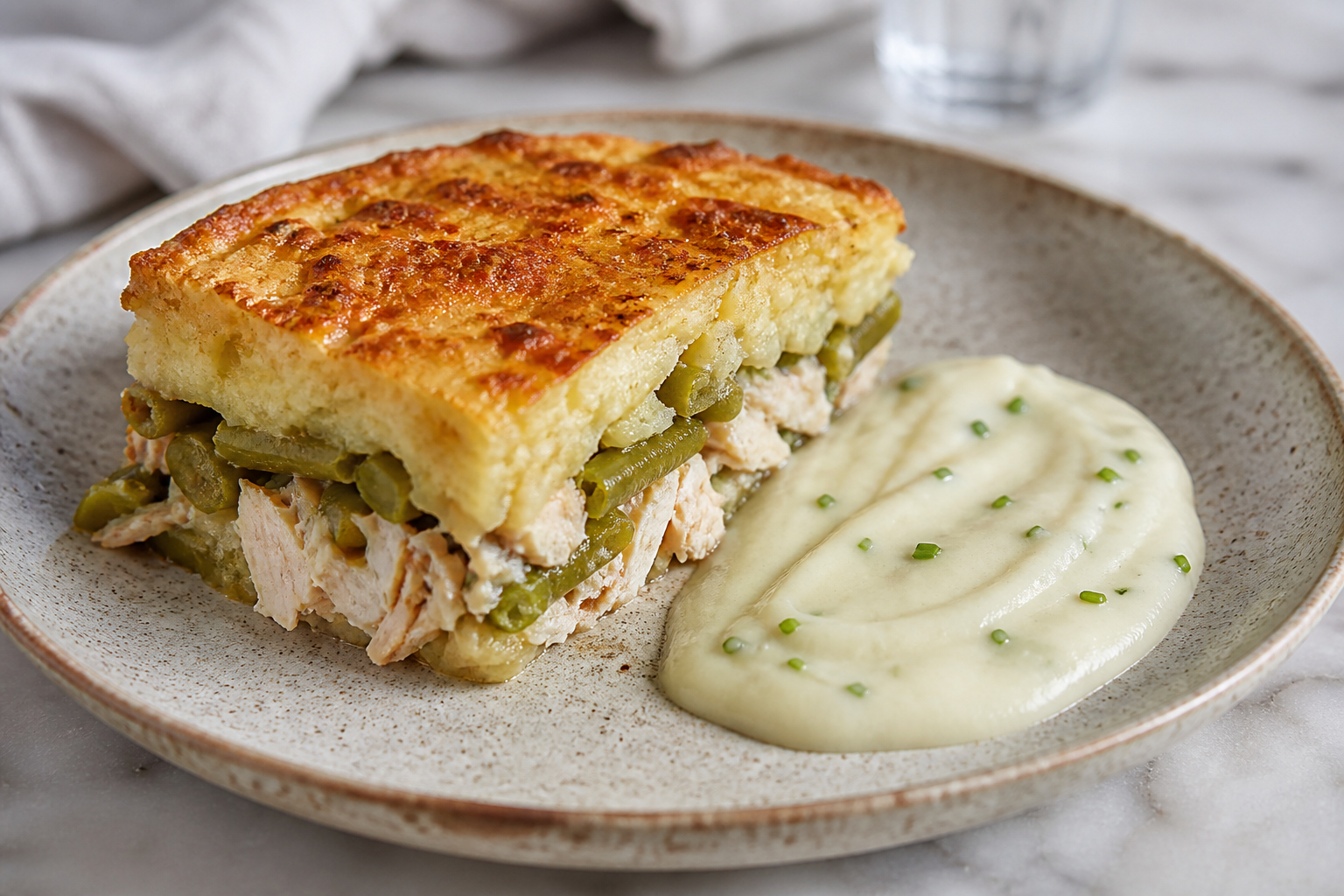 Pastel chileno de porotos verdes y reineta ahumada con crema de papa al ciboulette