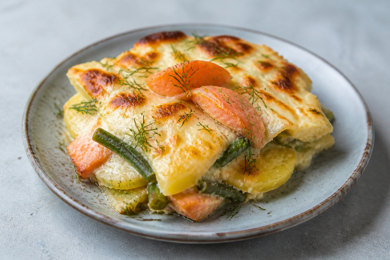 Rustic potato and green bean bake with smoked salmon, dill, and chanco cheese gratin