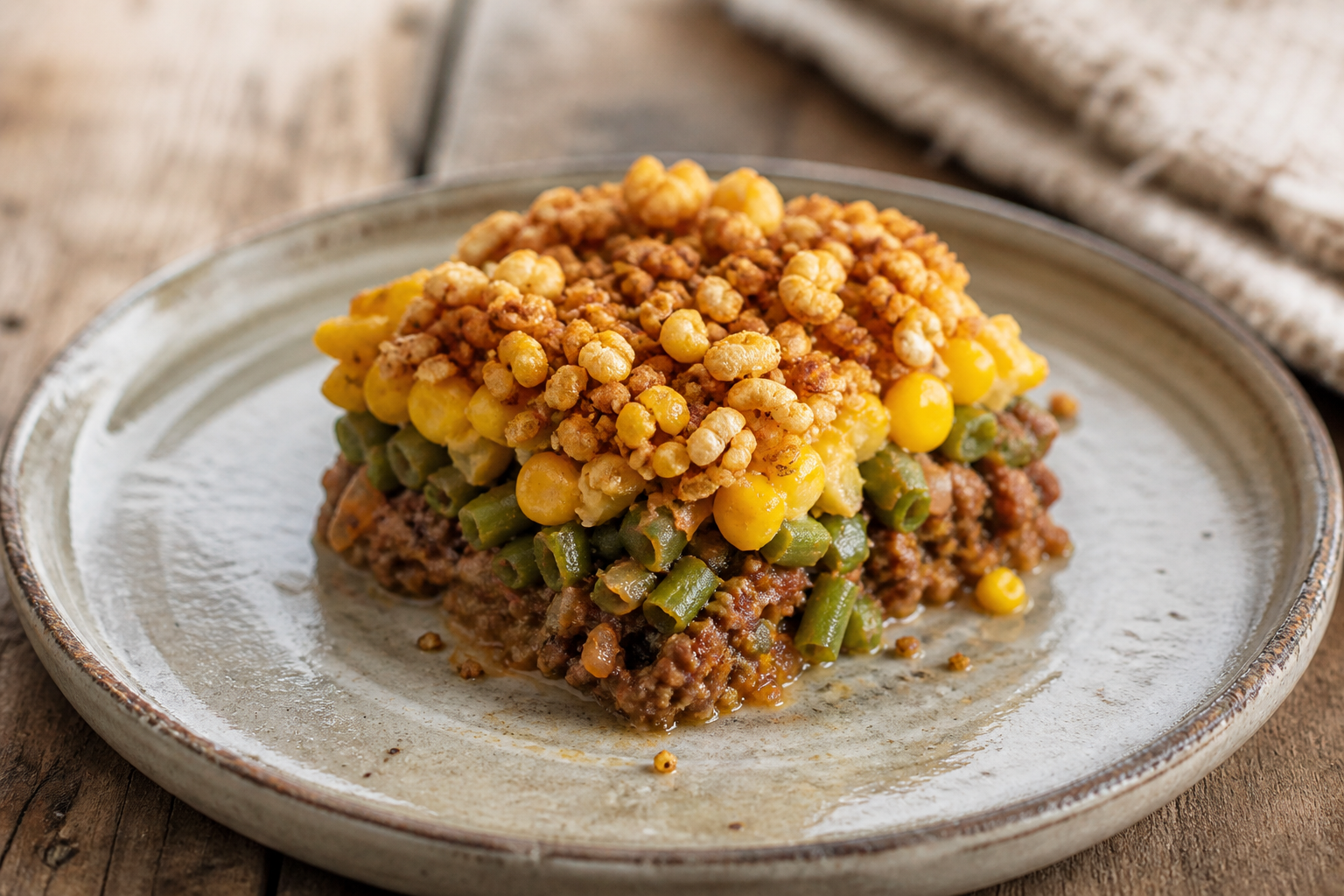 Green Bean and Corn Bake with Merkén Beef Filling and Crunchy Chuchoca Topping