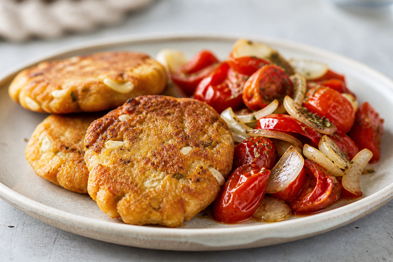Milanesitas Argentinas de Garbanzo y Provoleta con Ensalada Tibia de Tomate Asado y Cebolla al Orégano