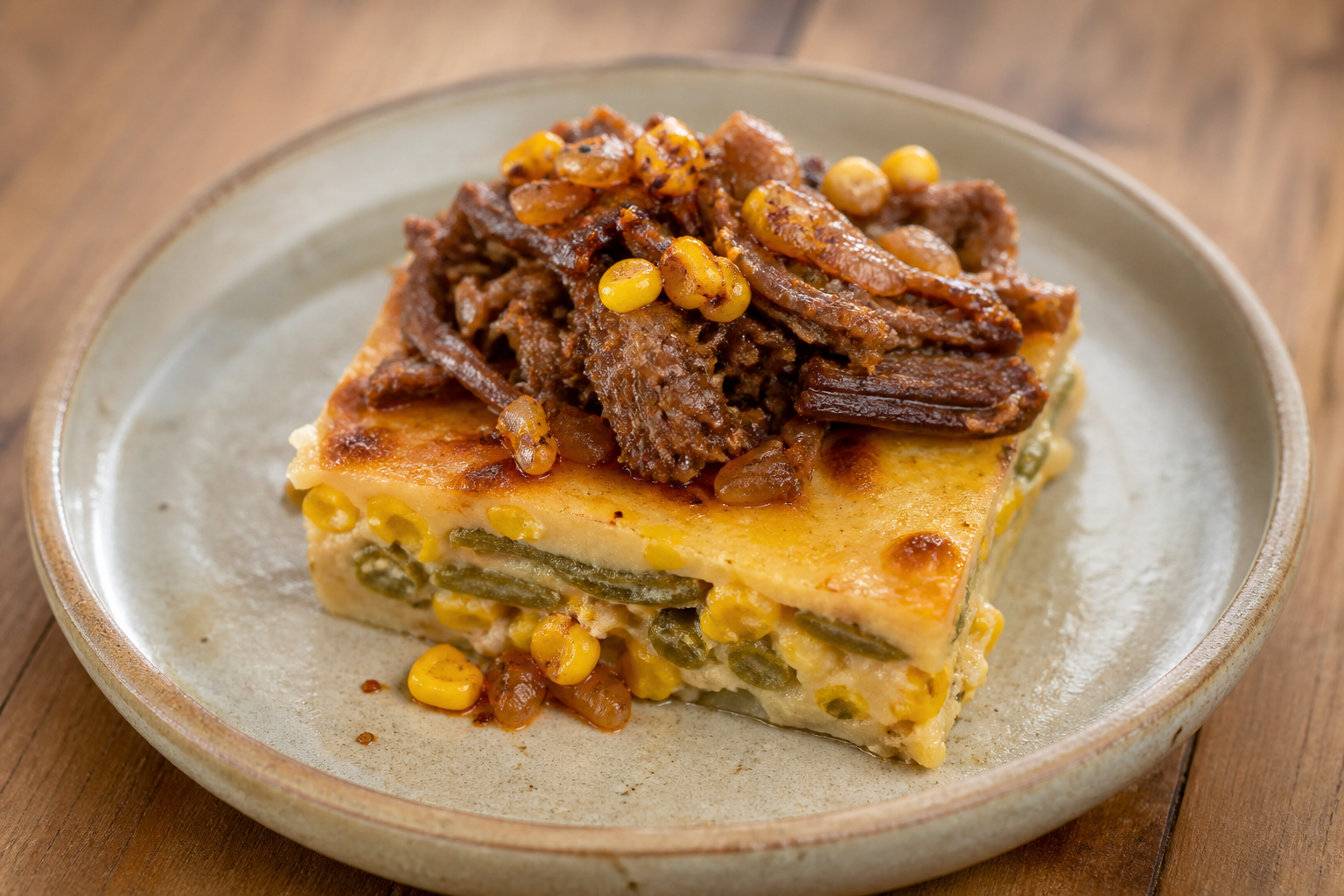 Chilean Roasted Corn and Green Bean Pastelera with Merkén Braised Shredded Beef