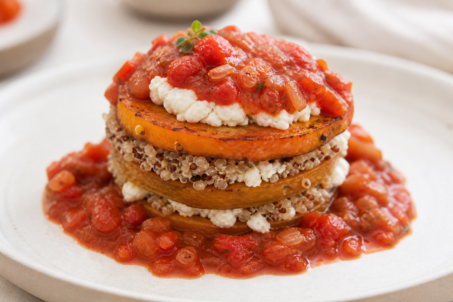 Torrecitas Criollas de Zapallo, Quinoa y Queso de Cabra con Salsa de Tomate Asado al Orégano