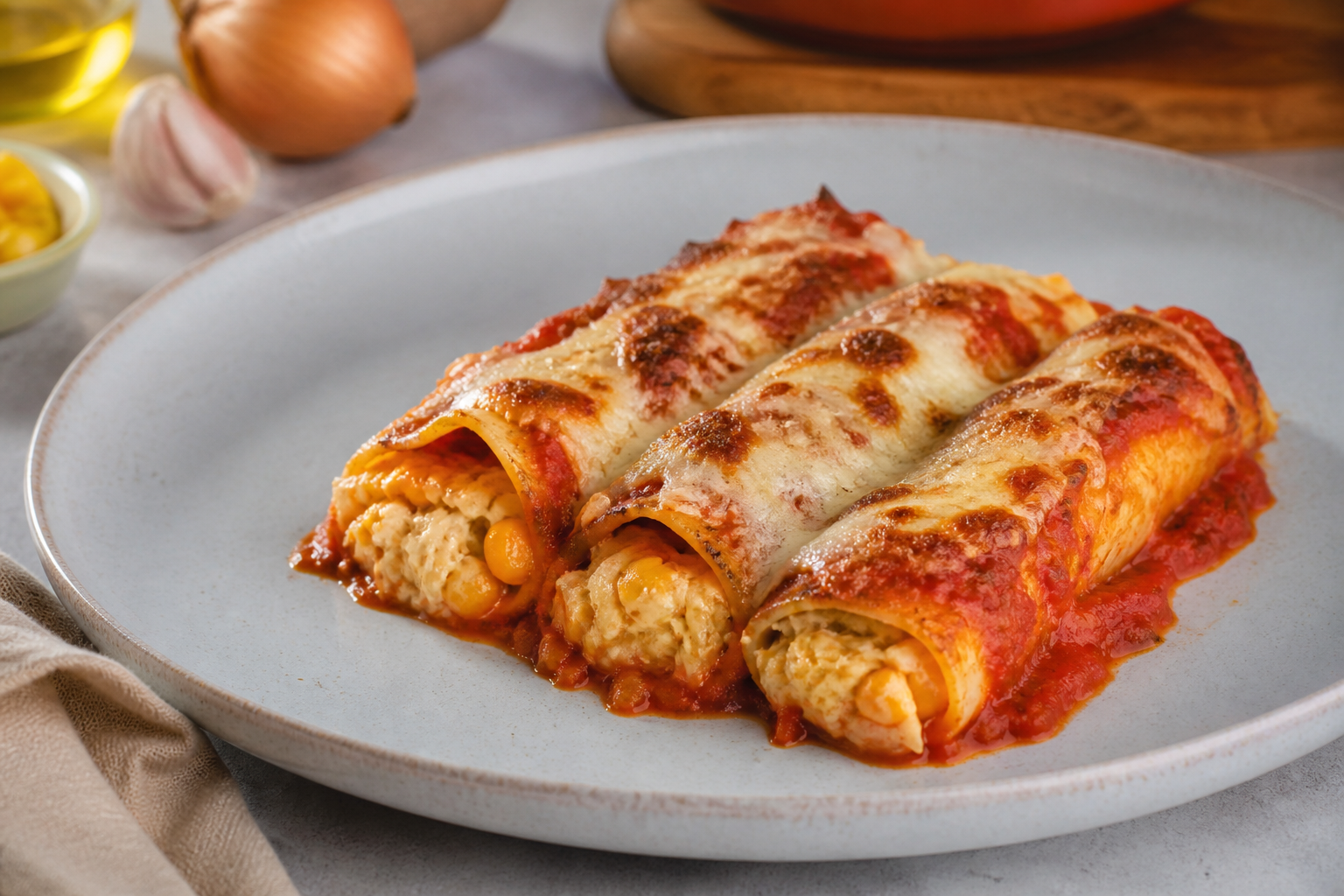 Canelones criollos de humita y pollo braseado con salsa suave de tomate asado y queso gratinado