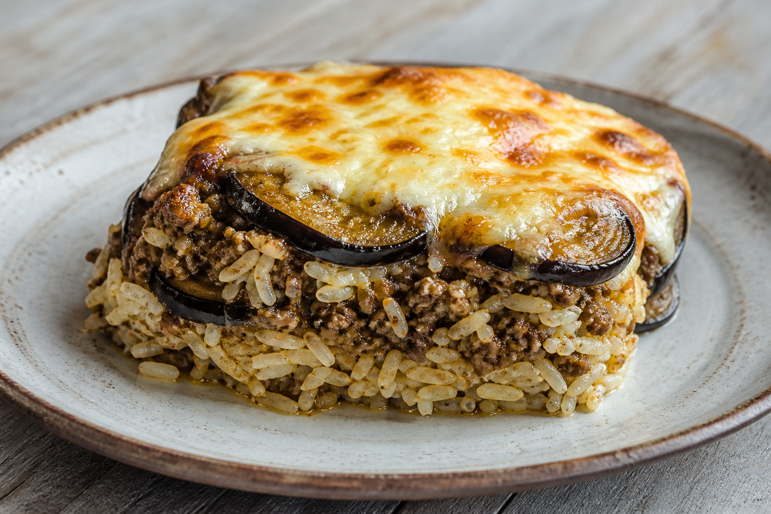 Pastel criollo de arroz y berenjena ahumada con carne especiada y gratinado de queso criollo