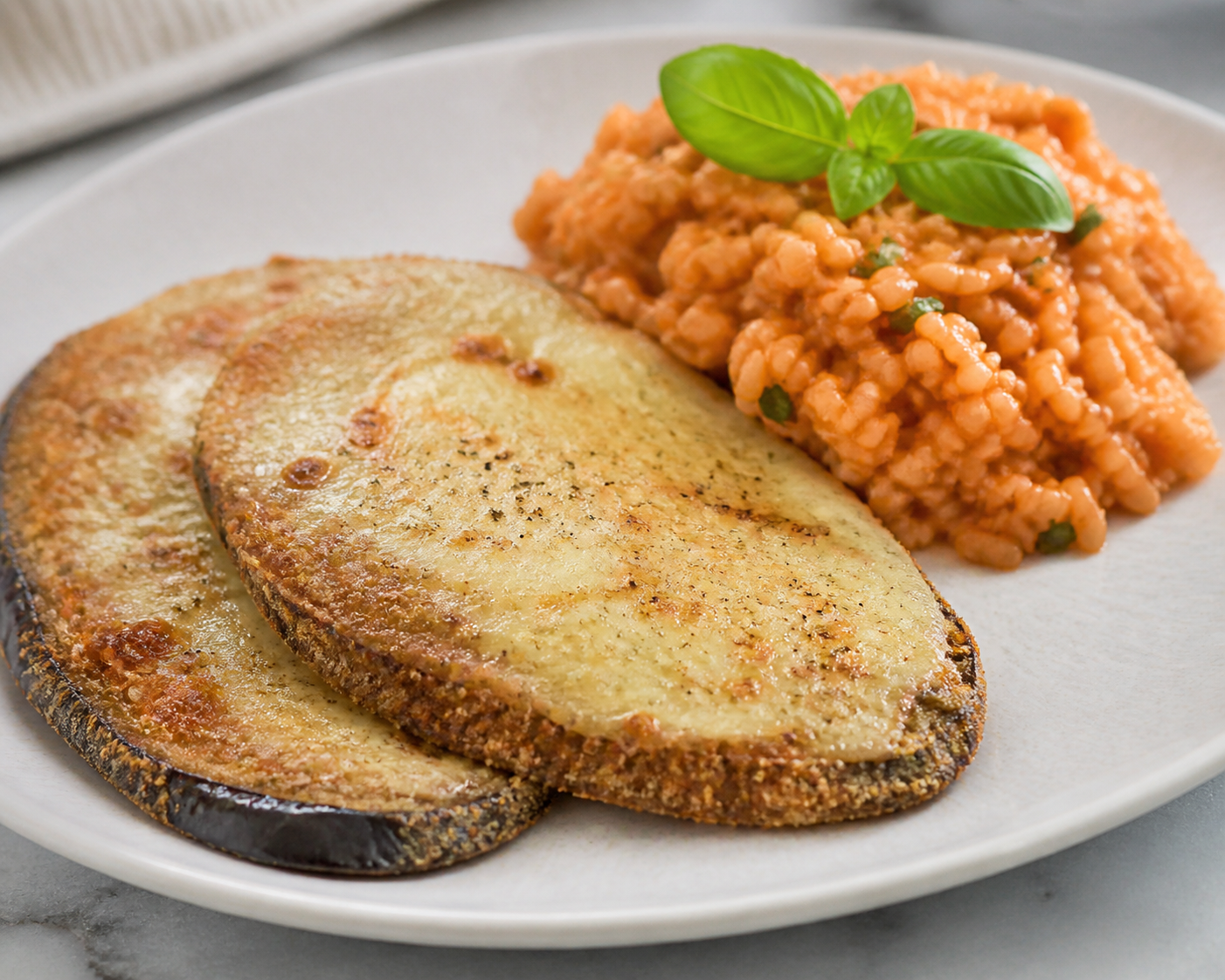Milanesa criolla de berenjena y queso sardo con arroz meloso al tomate y albahaca