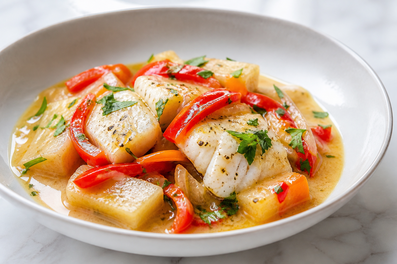 Fricasé Cubano de Pescado con Coco Ligero, Yuca y Ajíes Dulces