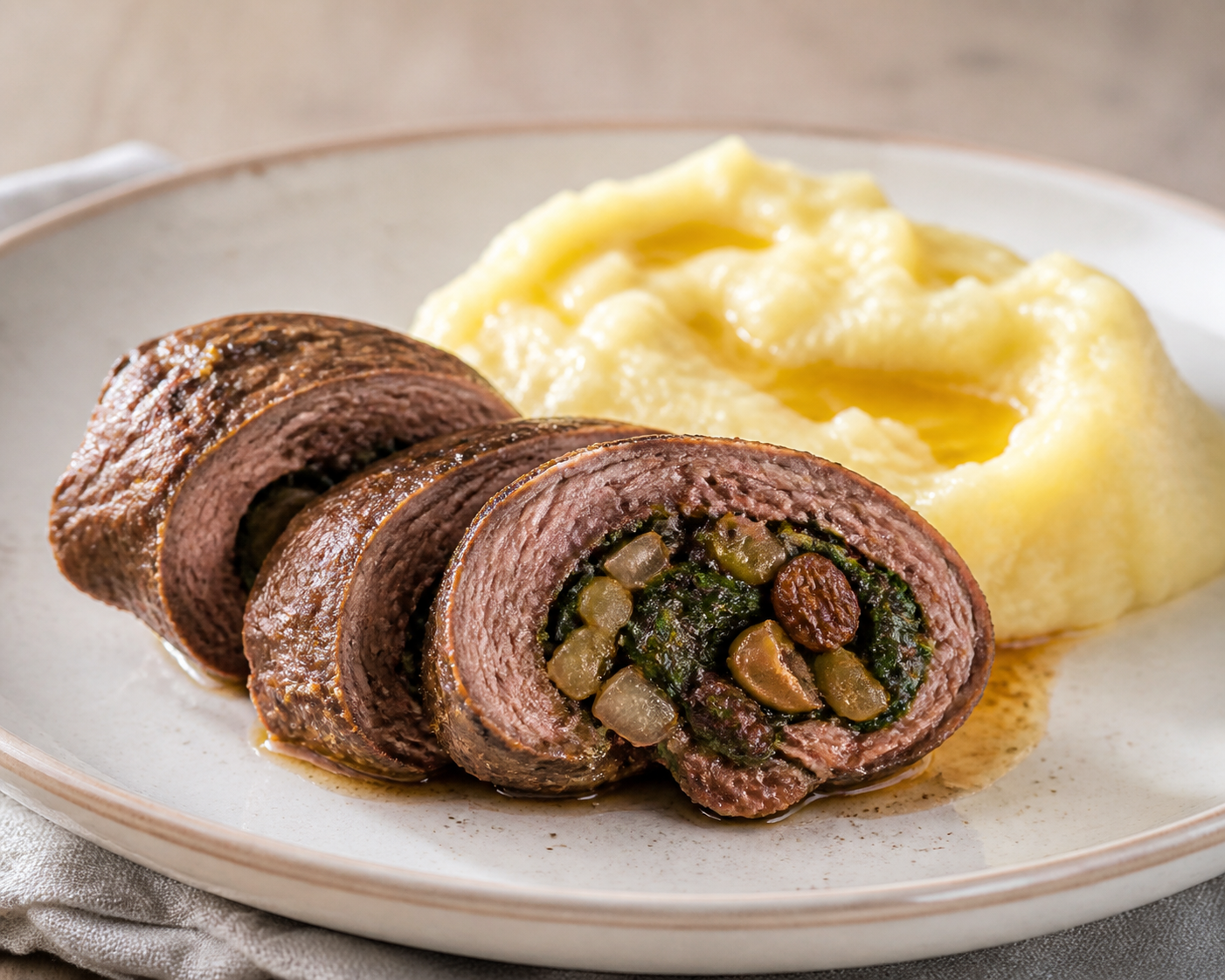 Bistec Cubano Relleno de Espinaca, Pasas y Aceitunas con Puré de Yuca al Mojo