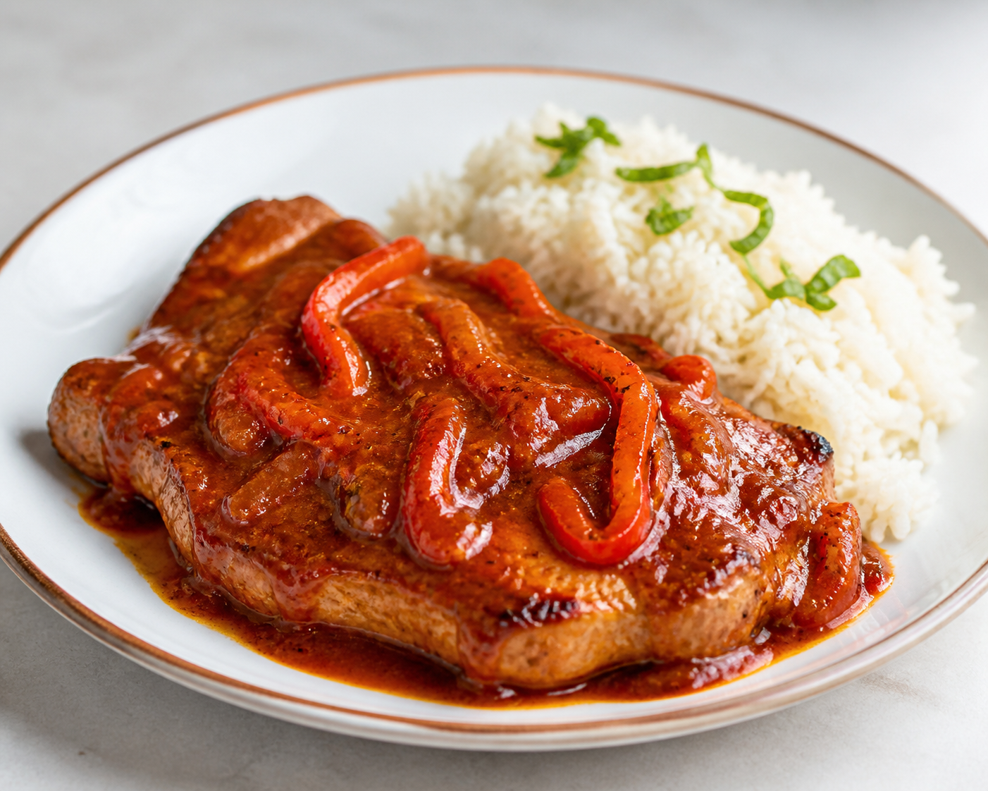 Bistec de Cerdo Cubano en Salsa Criolla de Guayaba y Ají con Arroz de Coco Suave