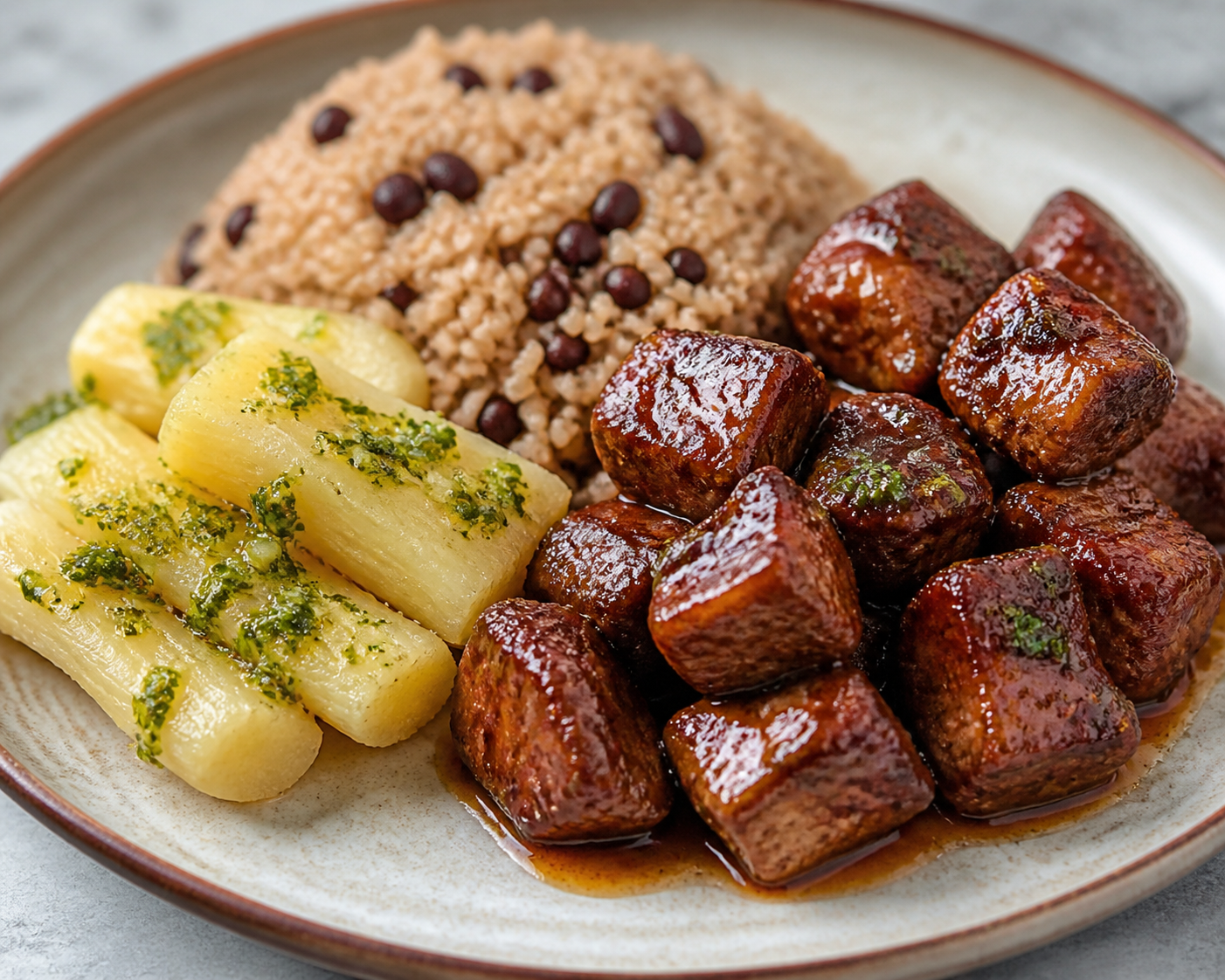 Masitas de Cerdo Cubanas con Glaseado de Guayaba y Ron, Congrí de Coco Suave y Yuca al Mojo Verde