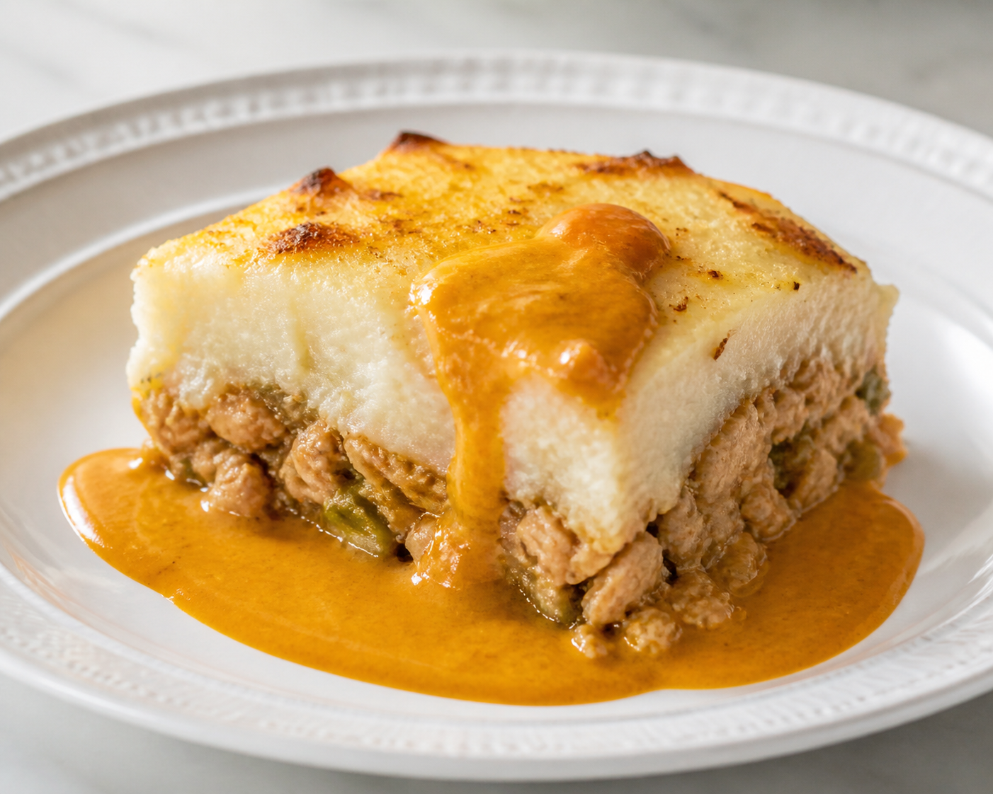 Pastelón de yautía y pavo al sofrito de aceitunas con crema ligera de calabaza