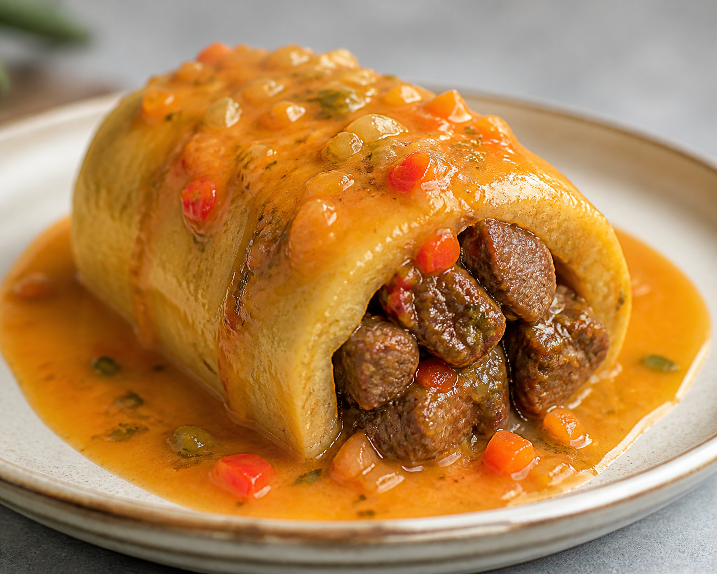 Rollo de Pana Relleno de Carne Guisada al Sofrito con Salsa de Coco y Ají Dulce