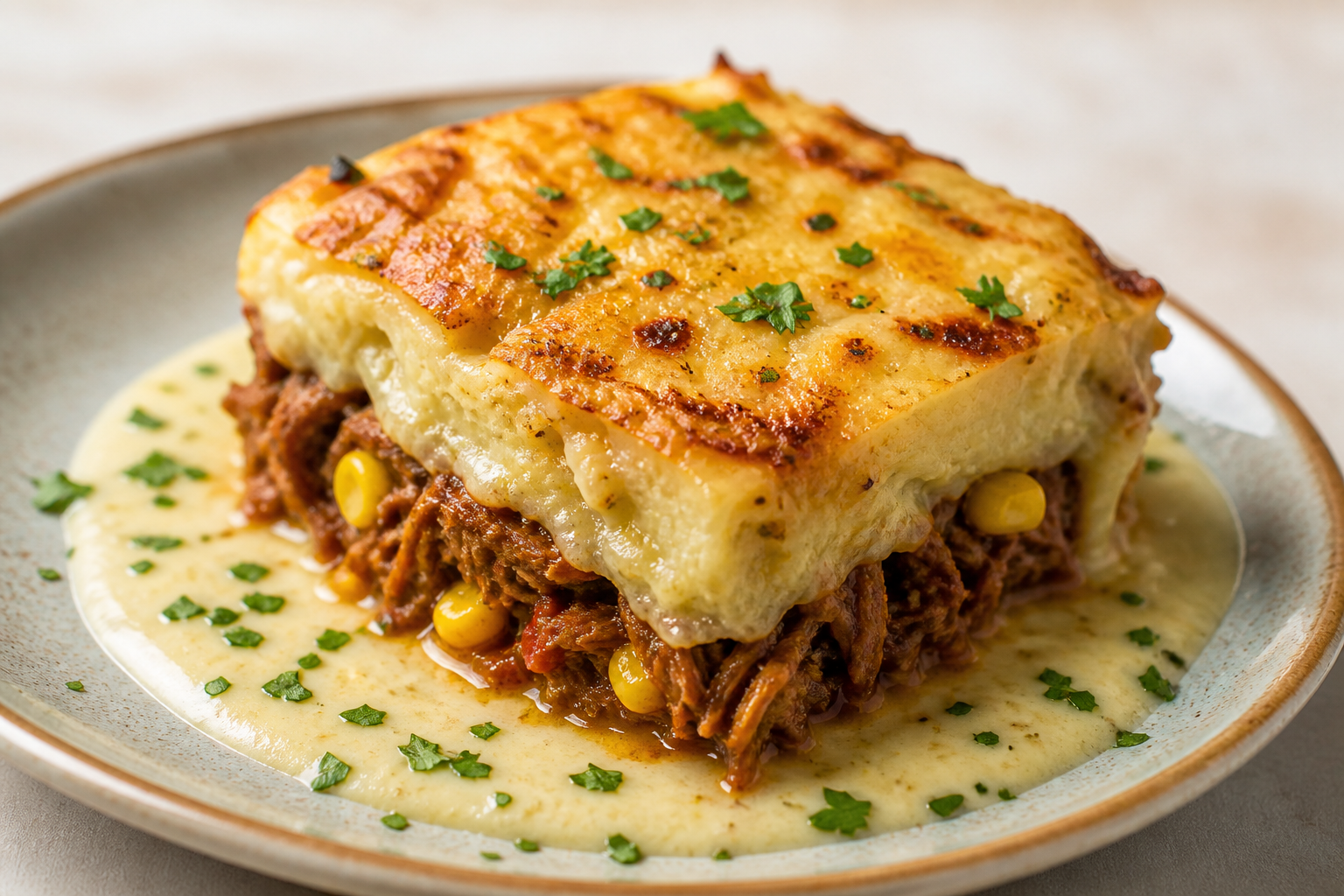 Puerto Rican Yuca Pastelón with Sofrito Shredded Beef and Toasted Corn Cream