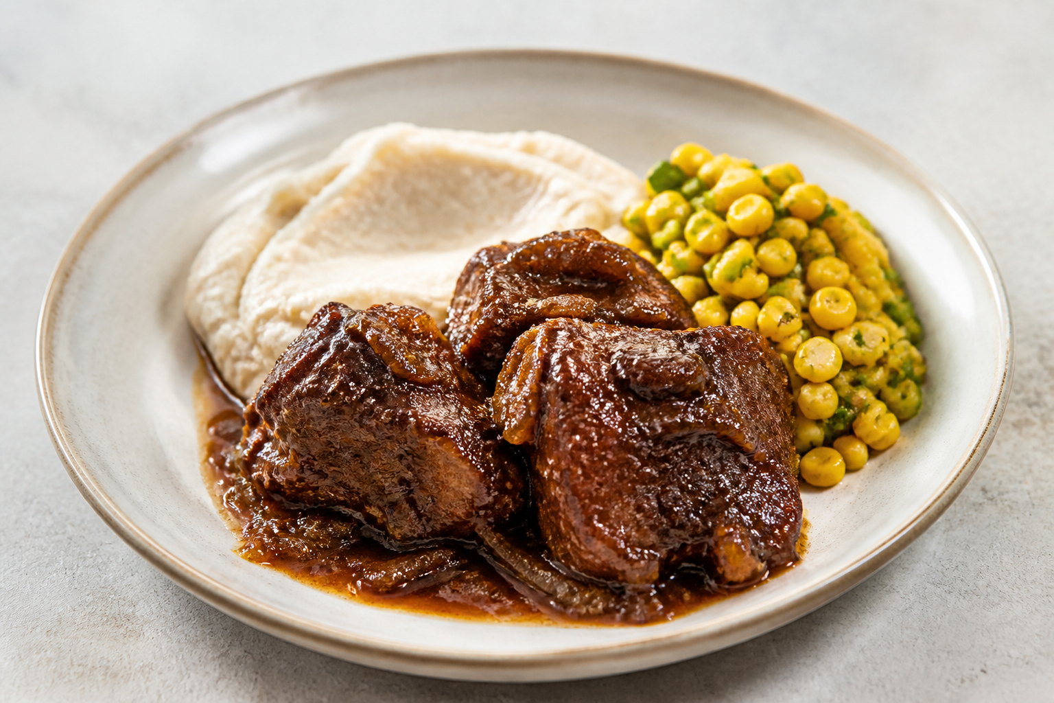 Pork Cheeks in Tamarind Sofrito with Malanga Mash and Warm Corn-Recao Salad