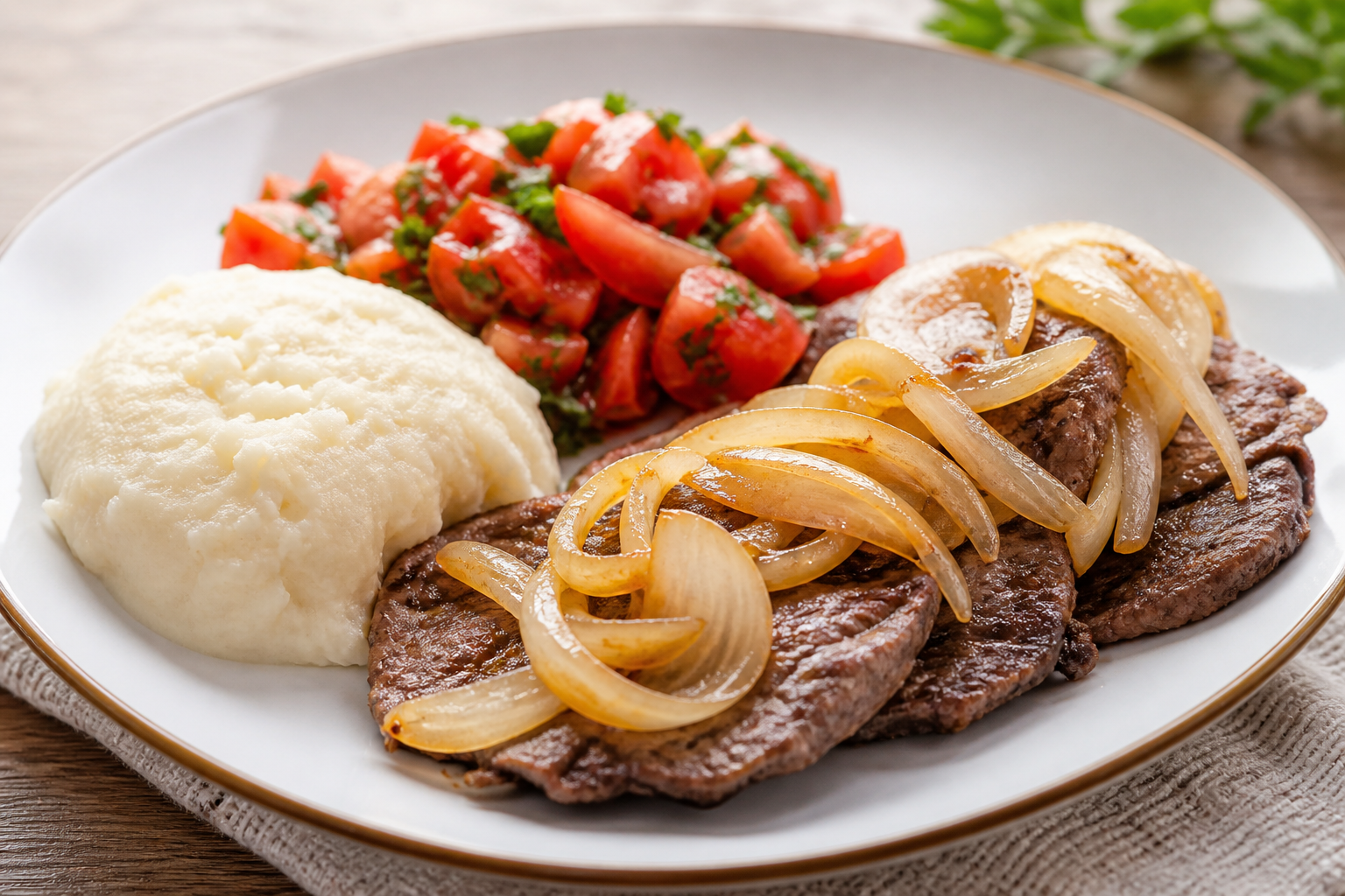 Pilón Steak with Onions, Creamy Yuca Mash, and Warm Recao Tomato Salad