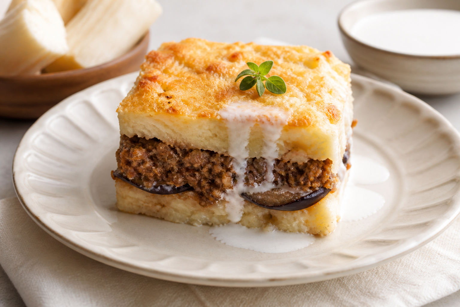 Pastelón de yuca con carne especiada, berenjena asada y crema ligera de coco