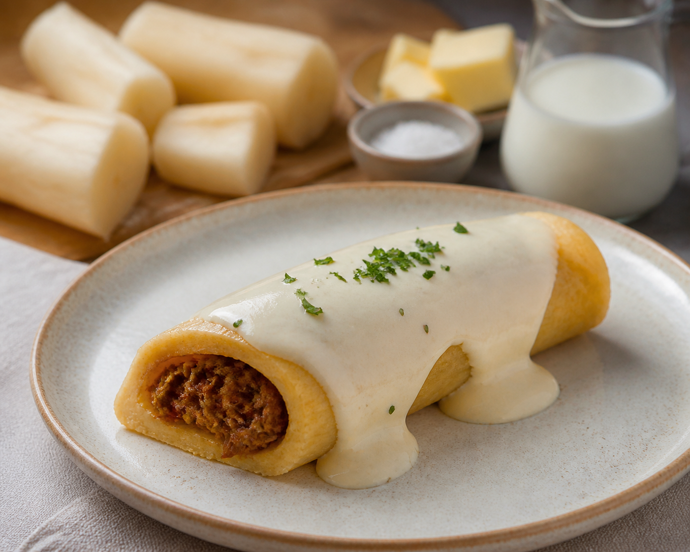 Pastelón Enrollado de Yuca con Carne al Sofrito de Bija y Crema de Queso del País