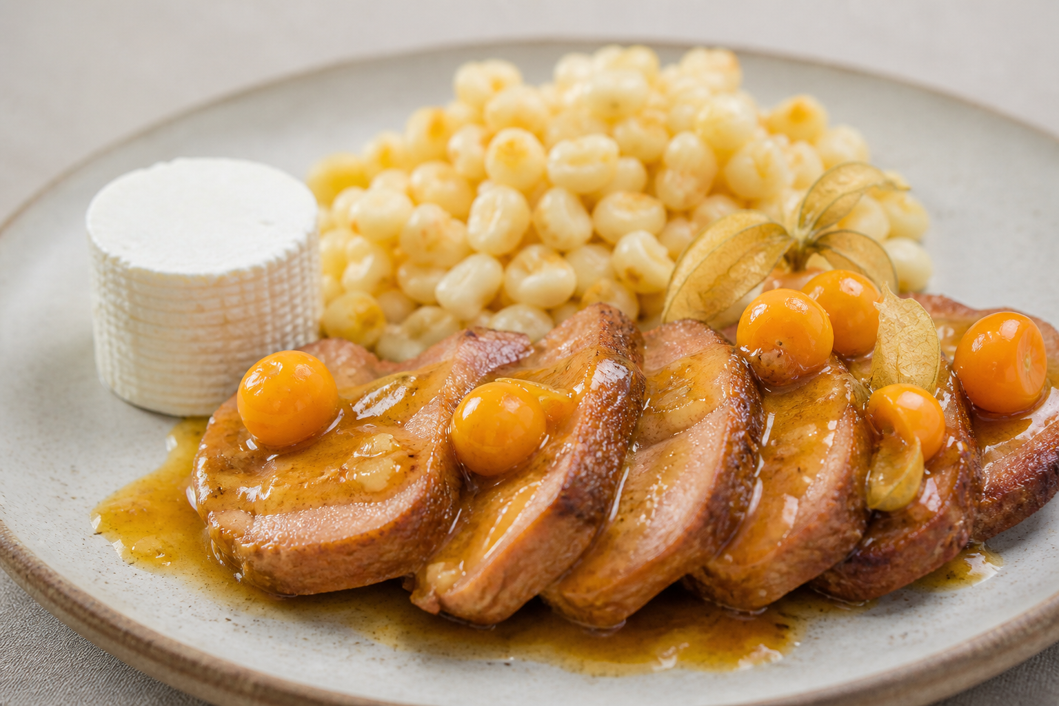 Pork Loin in Cape Gooseberry and Panela Sauce with Warm Hominy and Cheese Cake